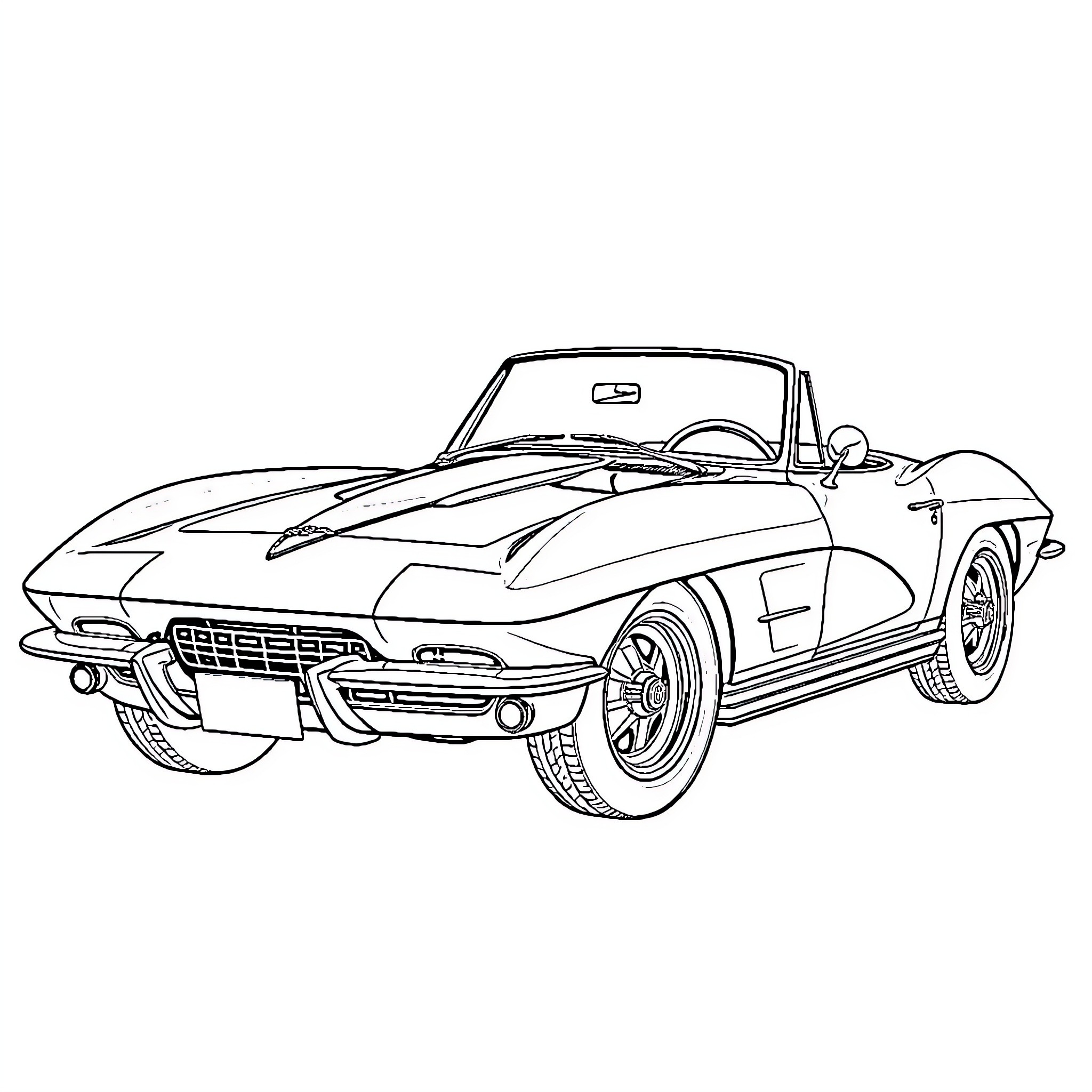 Corvette sports car in stylish design Coloring Page (free black-and-white line drawing printable PDF for all, from beginners to advanced learners, including children, teens, adults, and seniors)