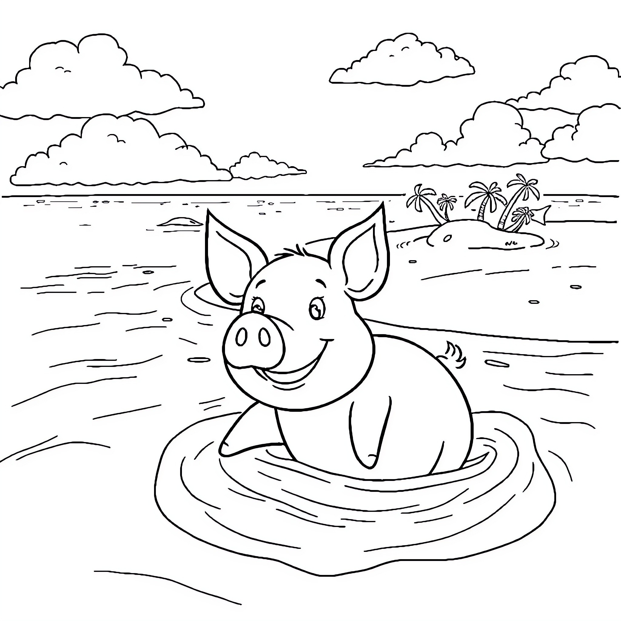 Pig swimming happily in tropical beach scene Coloring Page (free black-and-white line drawing printable PDF for all, from beginners to advanced learners, including children, teens, adults, and seniors)