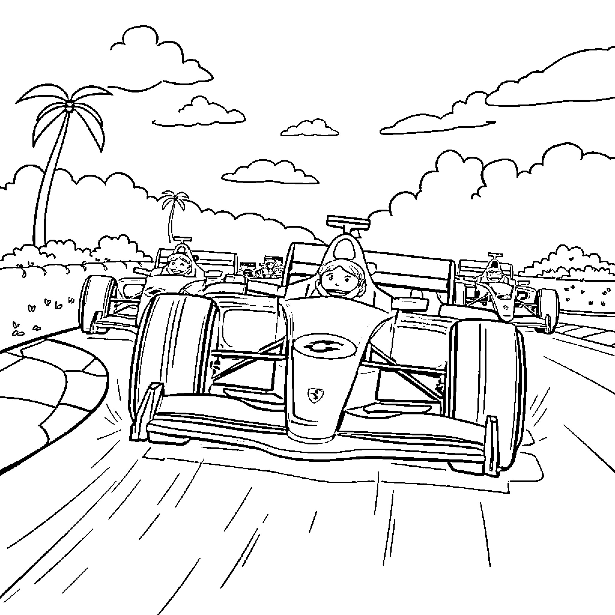 Ferrari Racers Speed Through the Tropical Landscape Coloring Page (free black-and-white line drawing printable PDF for all, from beginners to advanced learners, including children, teens, adults, and seniors)