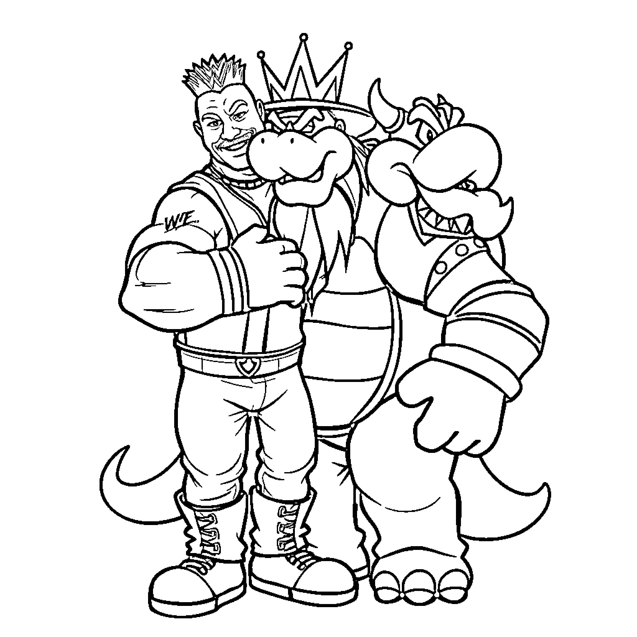 Danhausen posing confidently next to a large cartoon dragon Coloring Page (free black-and-white line drawing printable PDF for all, from beginners to advanced learners, including children, teens, adults, and seniors)