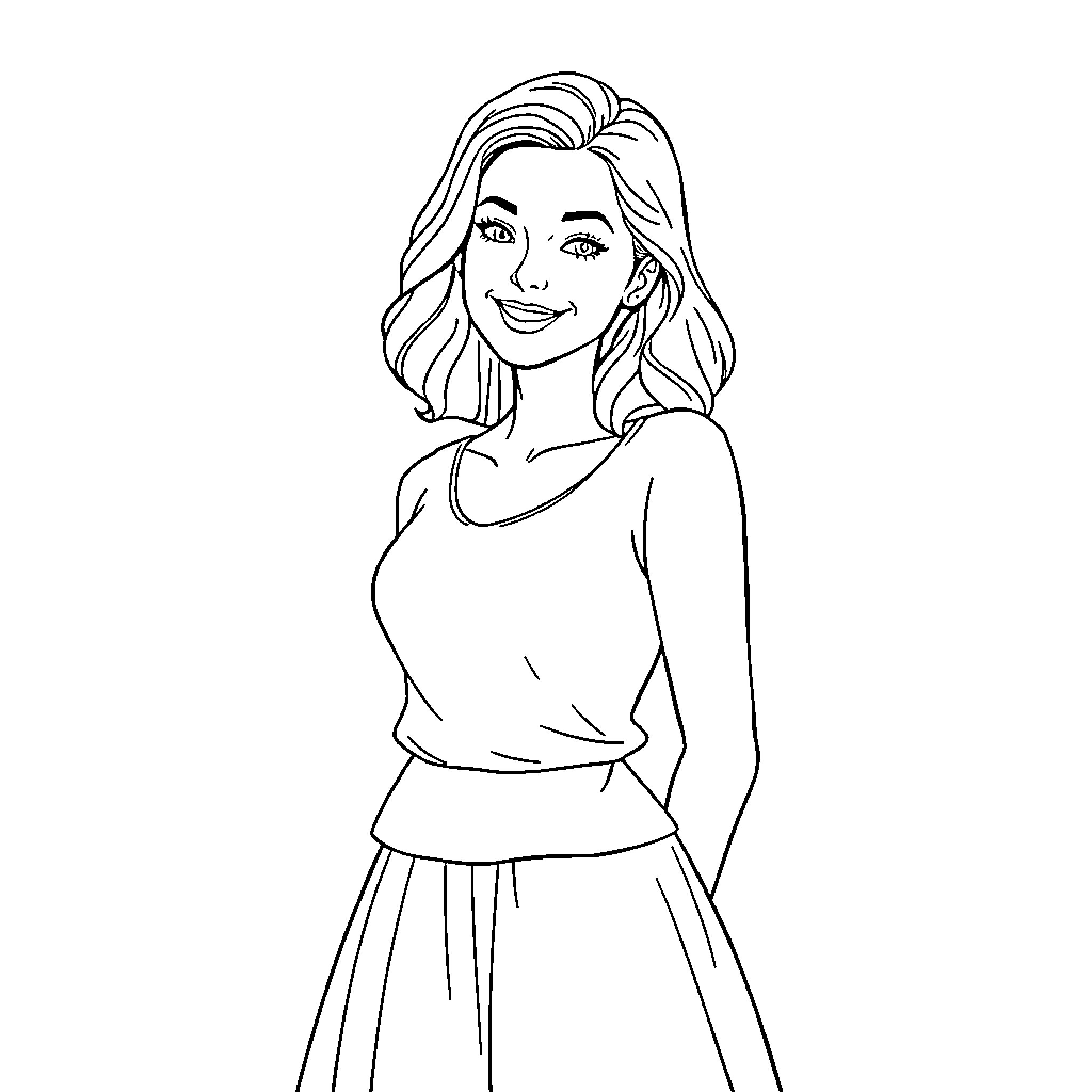 Amandine's cheerful portrait Coloring Page (free black-and-white line drawing printable PDF for all, from beginners to advanced learners, including children, teens, adults, and seniors)