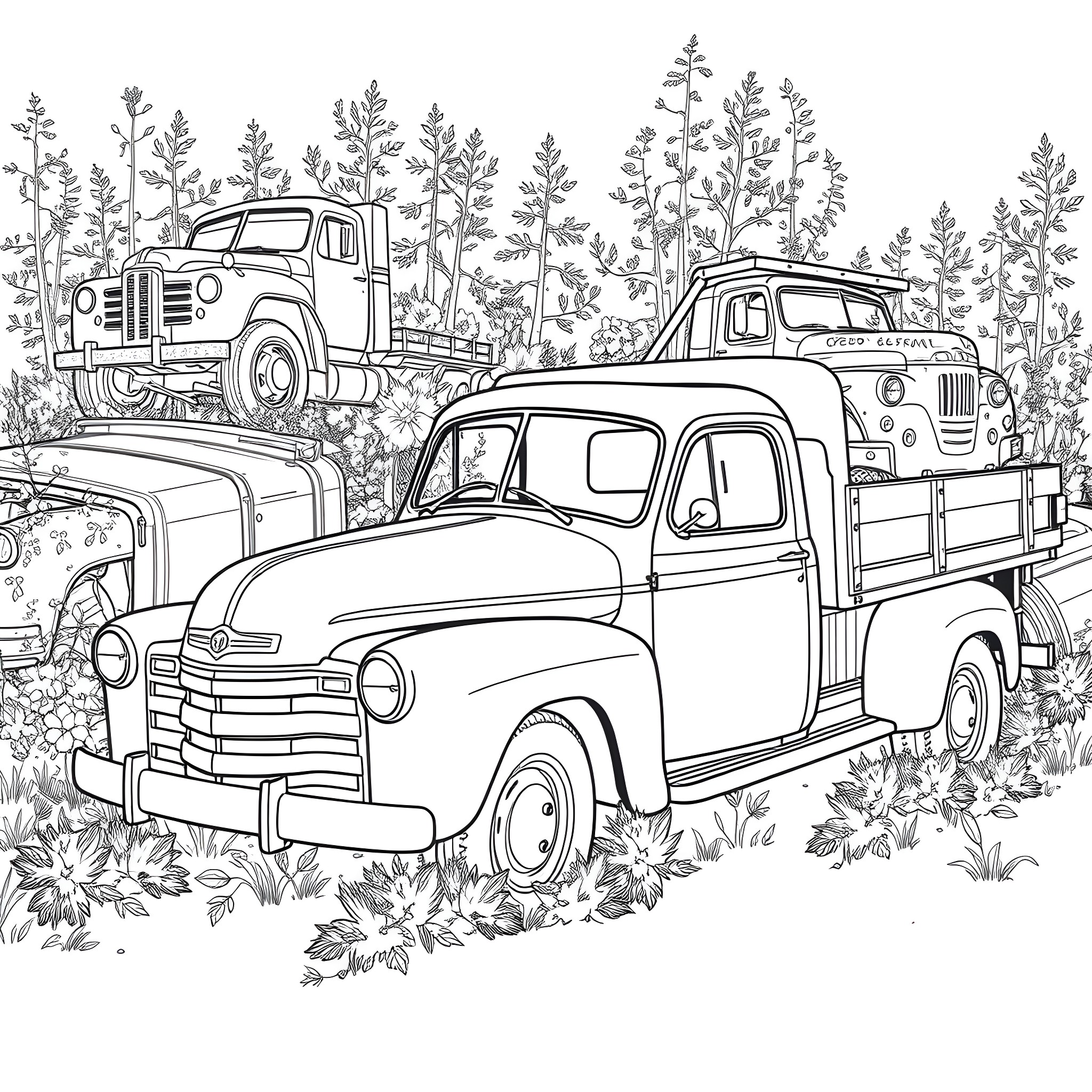 Pickup trucks in a forest setting Coloring Page (free black-and-white line drawing printable PDF for all, from beginners to advanced learners, including children, teens, adults, and seniors)