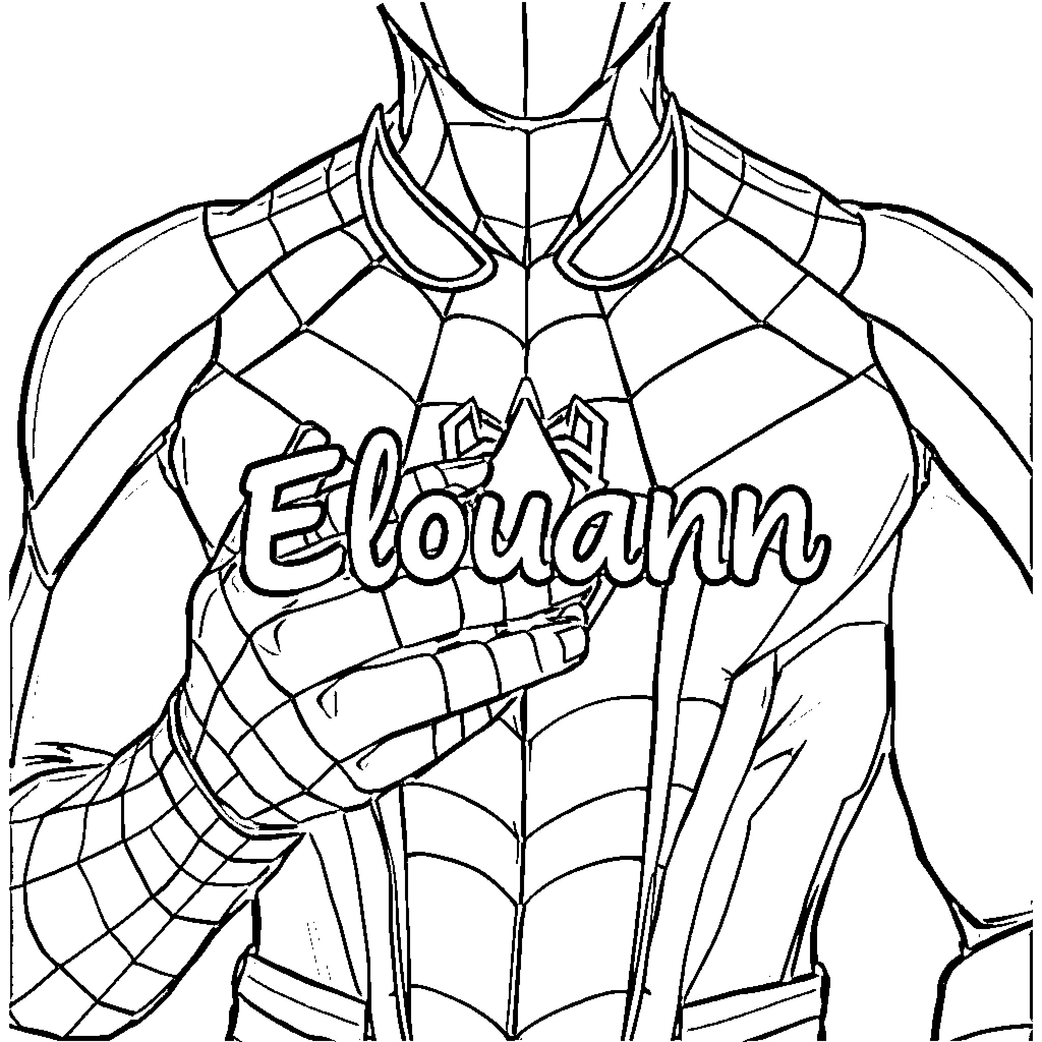 Spiderman posing with web design and personalized name Coloring Page (free black-and-white line drawing printable PDF for all, from beginners to advanced learners, including children, teens, adults, and seniors)