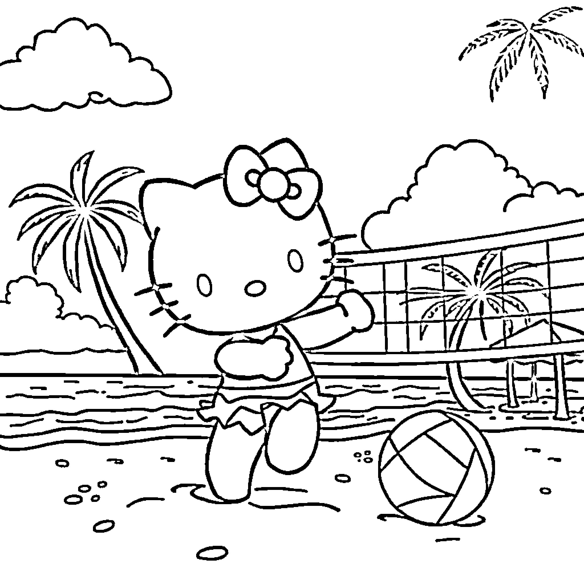 Hello Kitty enjoys a day at the beach Coloring Page (free black-and-white line drawing printable PDF for all, from beginners to advanced learners, including children, teens, adults, and seniors)