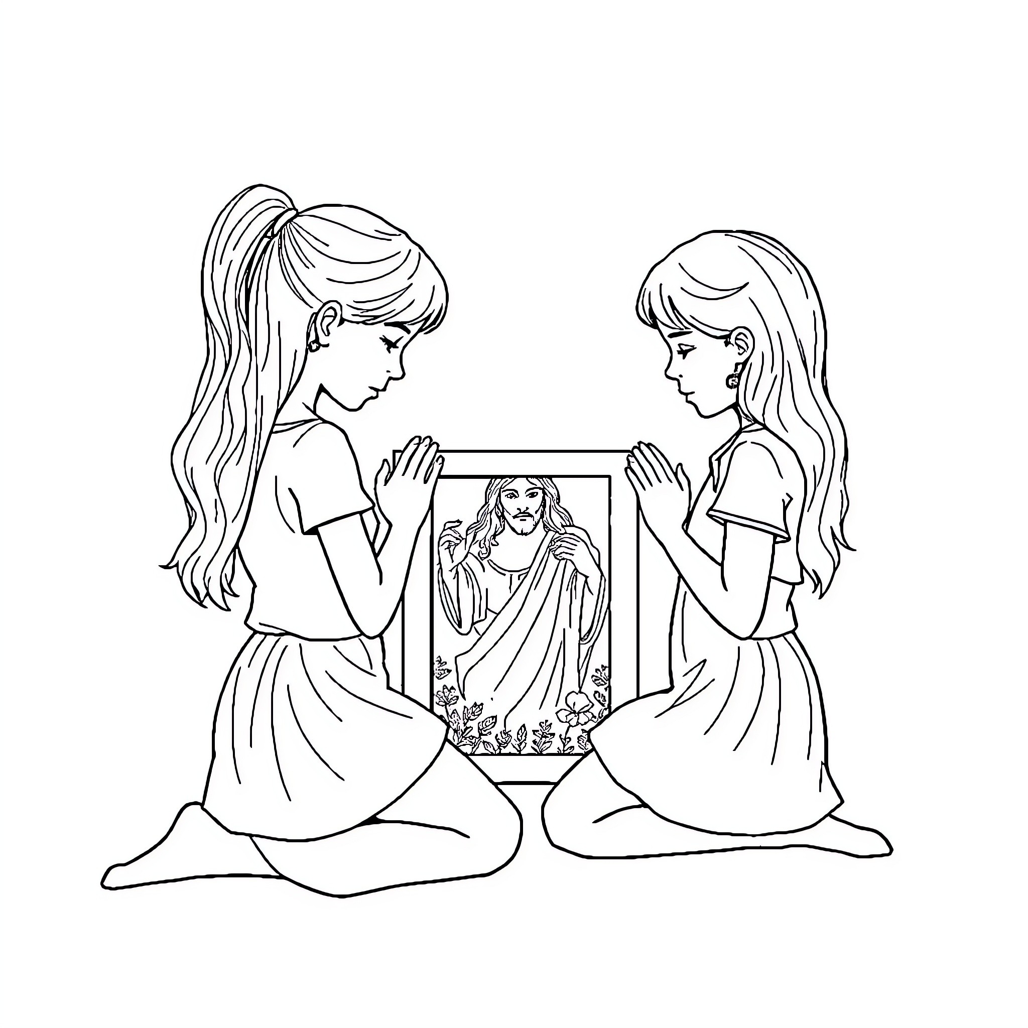 Girls Examining a Painting Together Coloring Page (free black-and-white line drawing printable PDF for all, from beginners to advanced learners, including children, teens, adults, and seniors)