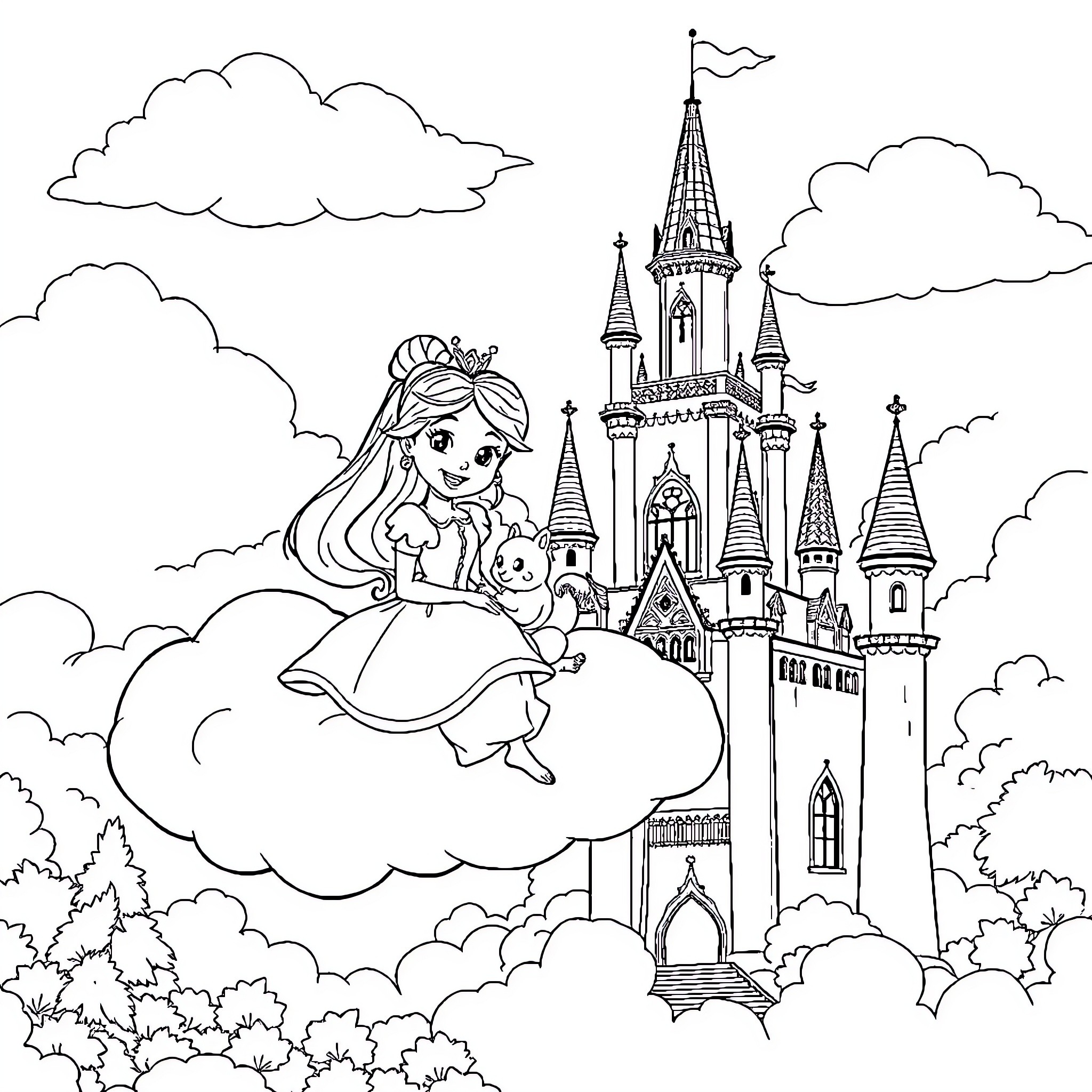 Princess Visits Majestic Castle in the Clouds Coloring Page (free black-and-white line drawing printable PDF for all, from beginners to advanced learners, including children, teens, adults, and seniors)
