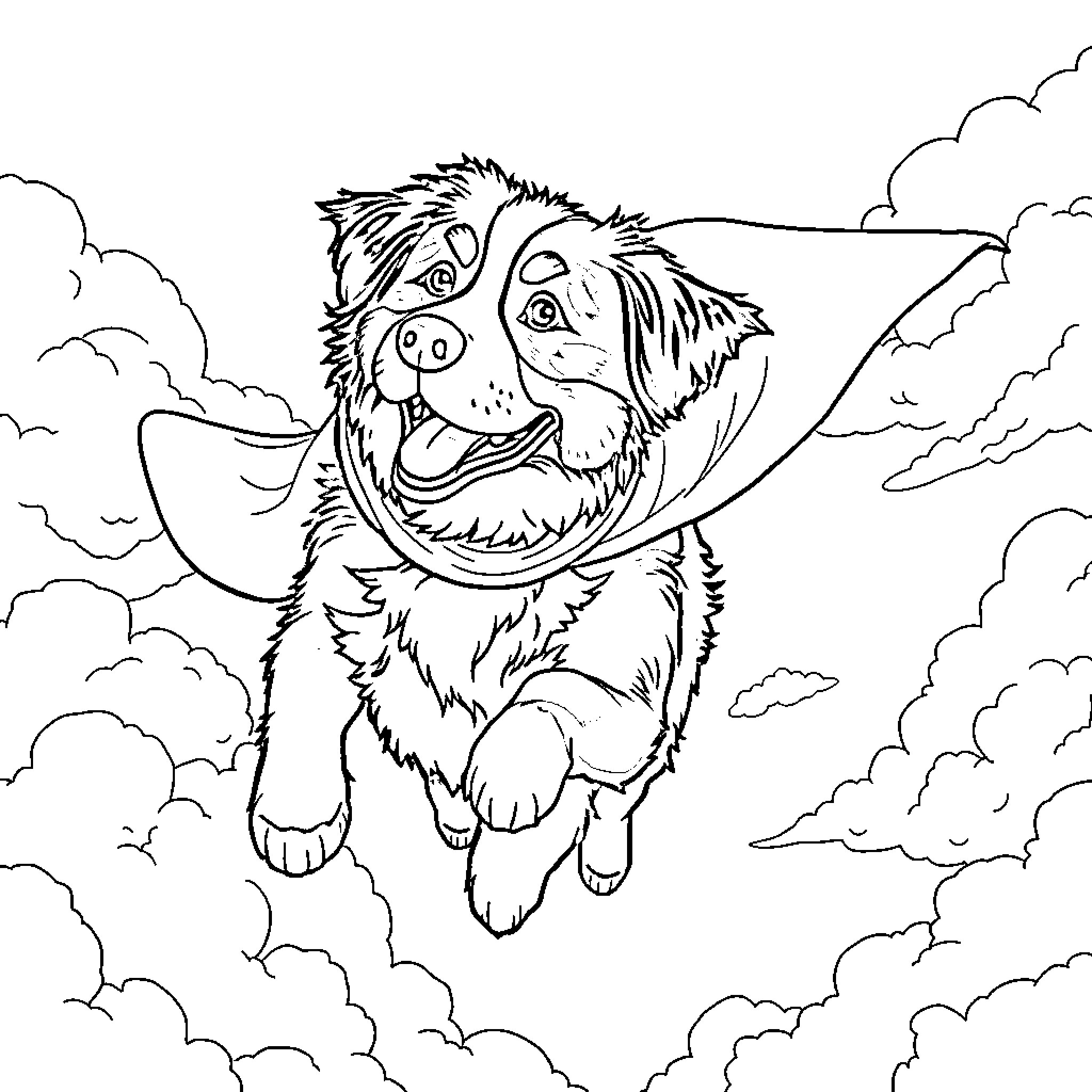 Bernese Mountain Dog soaring through the clouds Coloring Page (free black-and-white line drawing printable PDF for all, from beginners to advanced learners, including children, teens, adults, and seniors)