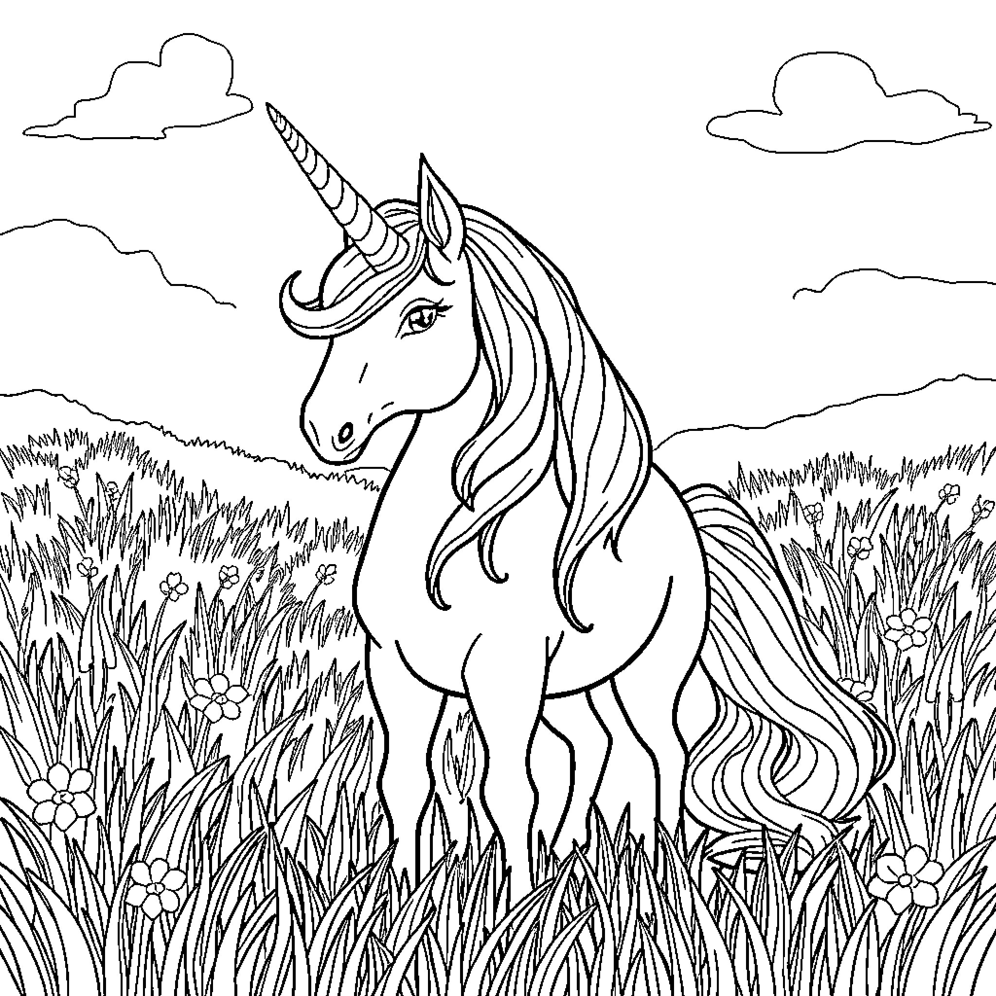 Unicorn in a Magical Meadow Coloring Page (free black-and-white line drawing printable PDF for all, from beginners to advanced learners, including children, teens, adults, and seniors)