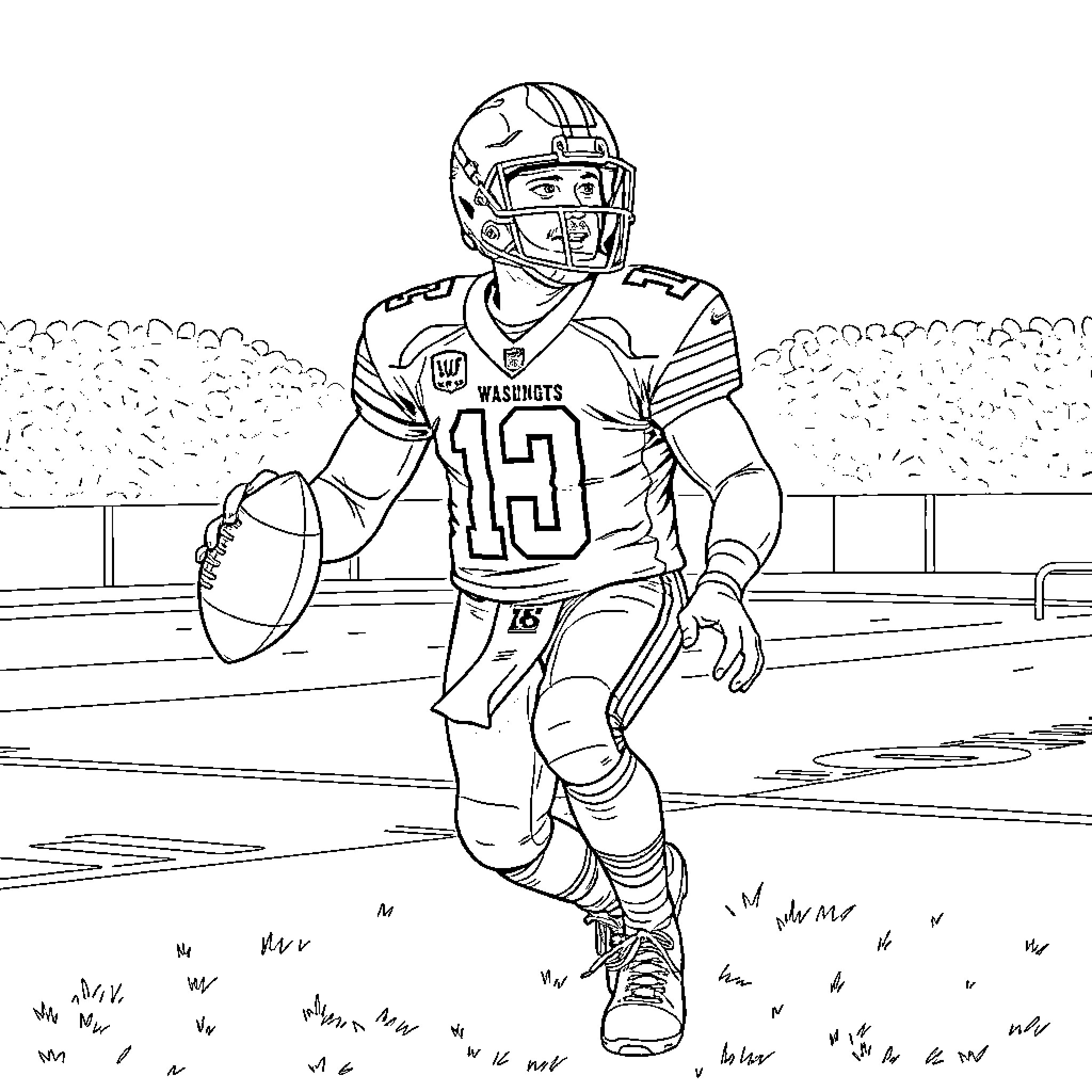 Quarterback sprinting with ball on the field Coloring Page (free black-and-white line drawing printable PDF for all, from beginners to advanced learners, including children, teens, adults, and seniors)