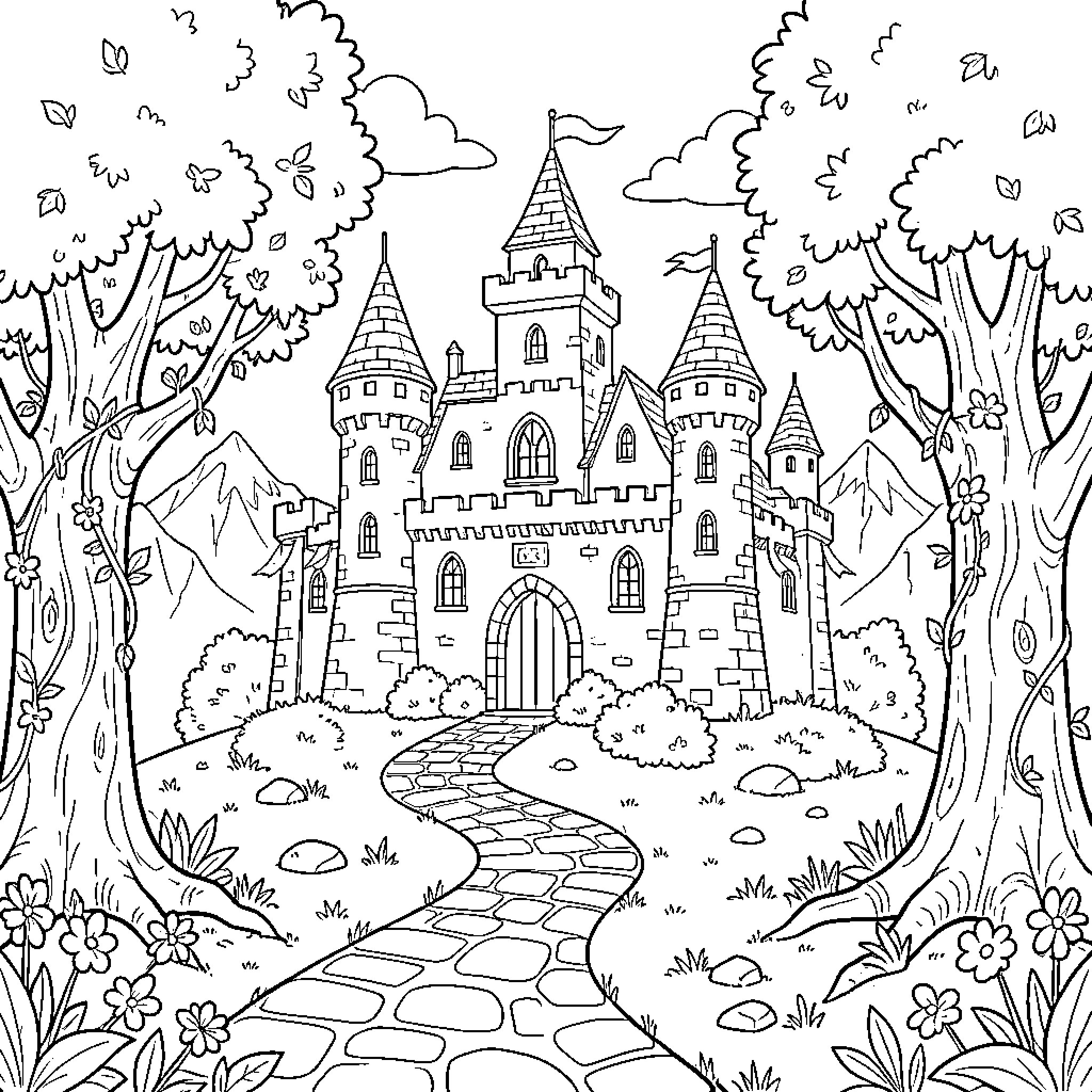 Castle standing majestically amidst trees and a stone path Coloring Page (free black-and-white line drawing printable PDF for all, from beginners to advanced learners, including children, teens, adults, and seniors)