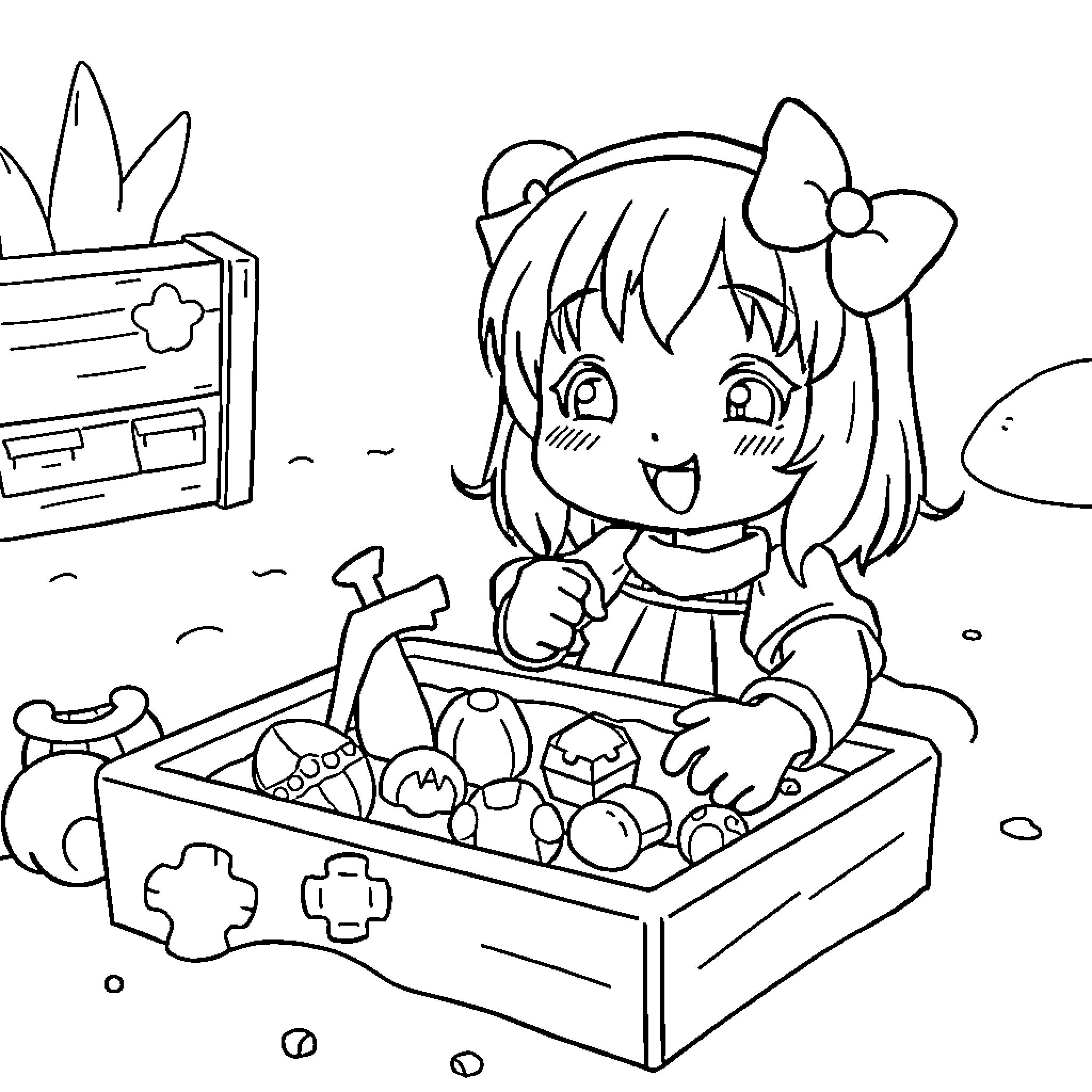 Kuromi playing with toys in her room Coloring Page (free black-and-white line drawing printable PDF for all, from beginners to advanced learners, including children, teens, adults, and seniors)