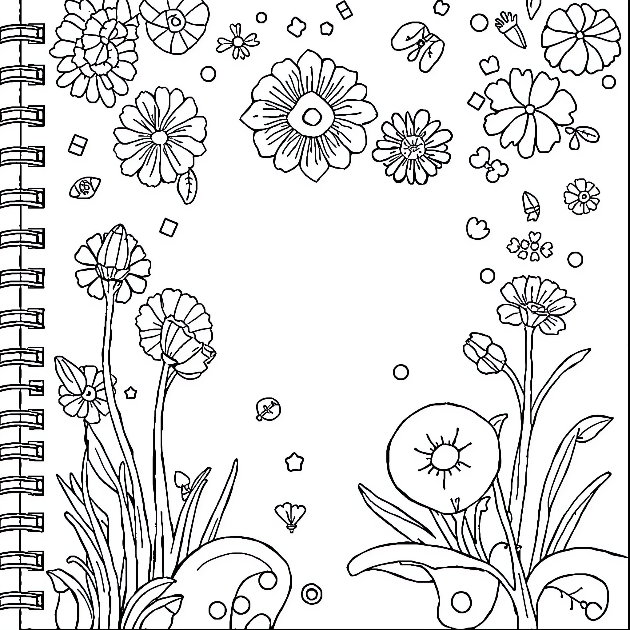 Cahier of Whimsical Floral Designs Coloring Page (free black-and-white line drawing printable PDF for all, from beginners to advanced learners, including children, teens, adults, and seniors)