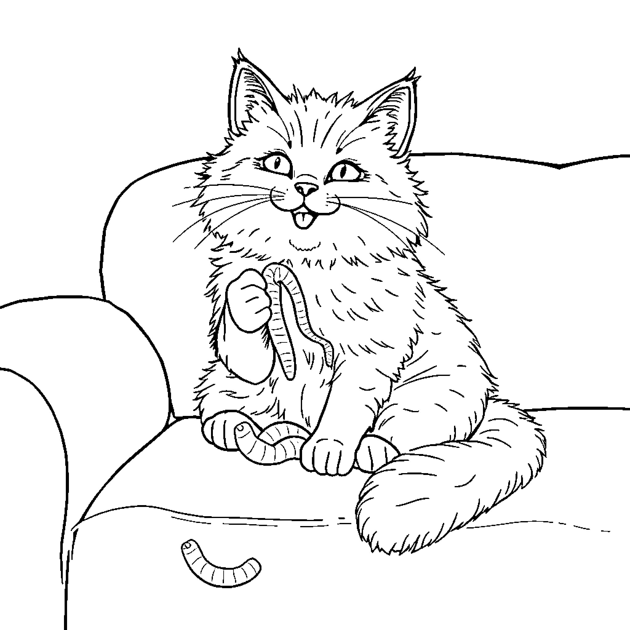 Cat resting comfortably on a couch Coloring Page (free black-and-white line drawing printable PDF for all, from beginners to advanced learners, including children, teens, adults, and seniors)