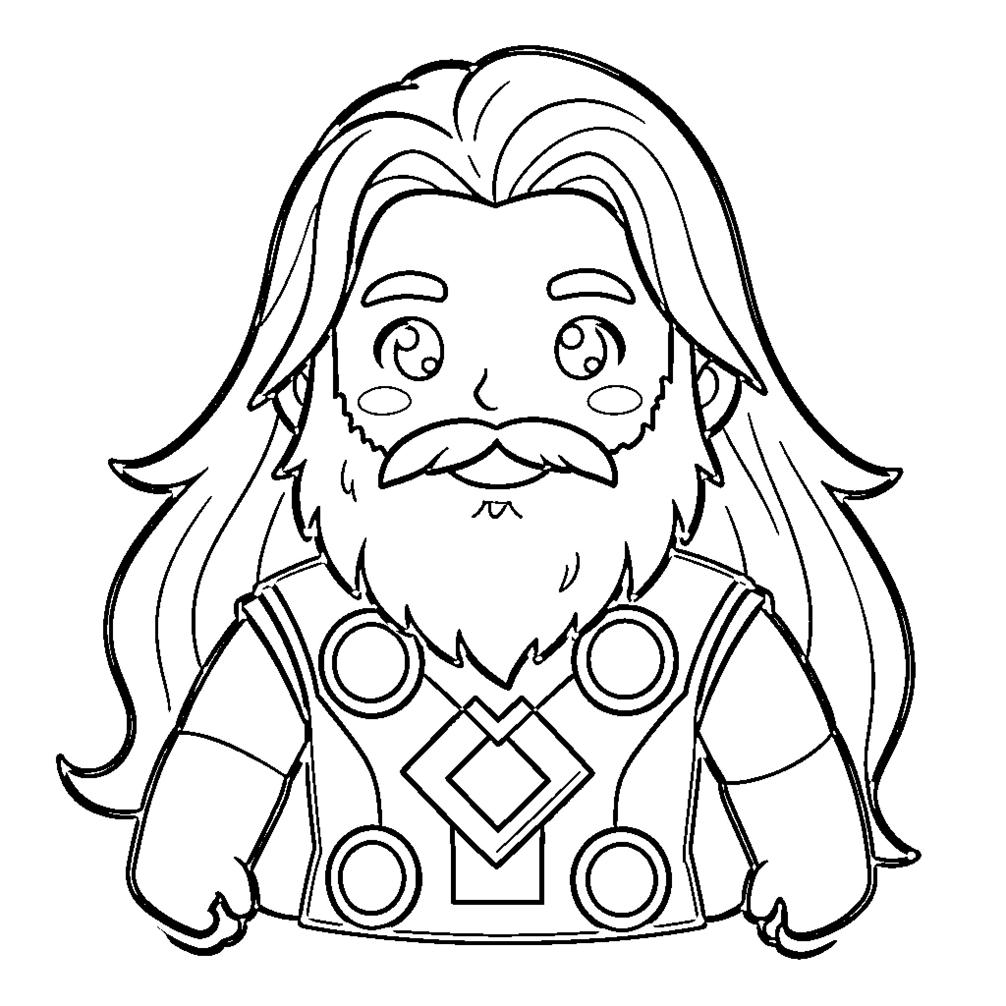 Thor in Whimsical Cartoon Style Coloring Page (free black-and-white line drawing printable PDF for all, from beginners to advanced learners, including children, teens, adults, and seniors)