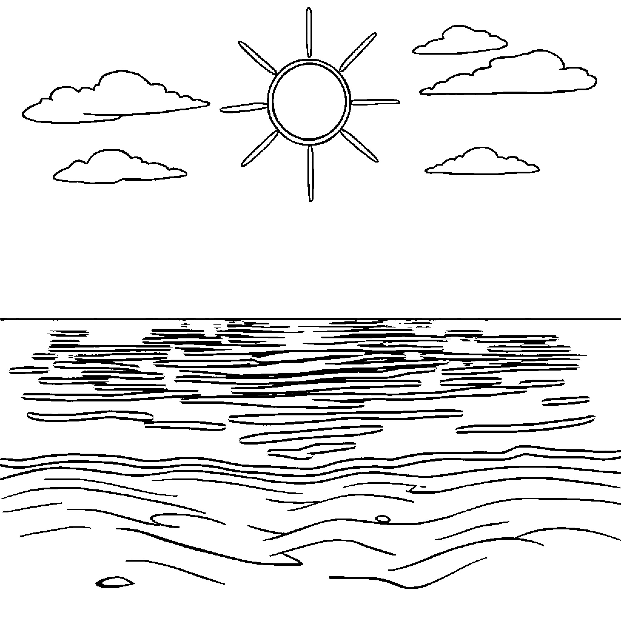 Beach scene with sun and clouds Coloring Page (free black-and-white line drawing printable PDF for all, from beginners to advanced learners, including children, teens, adults, and seniors)