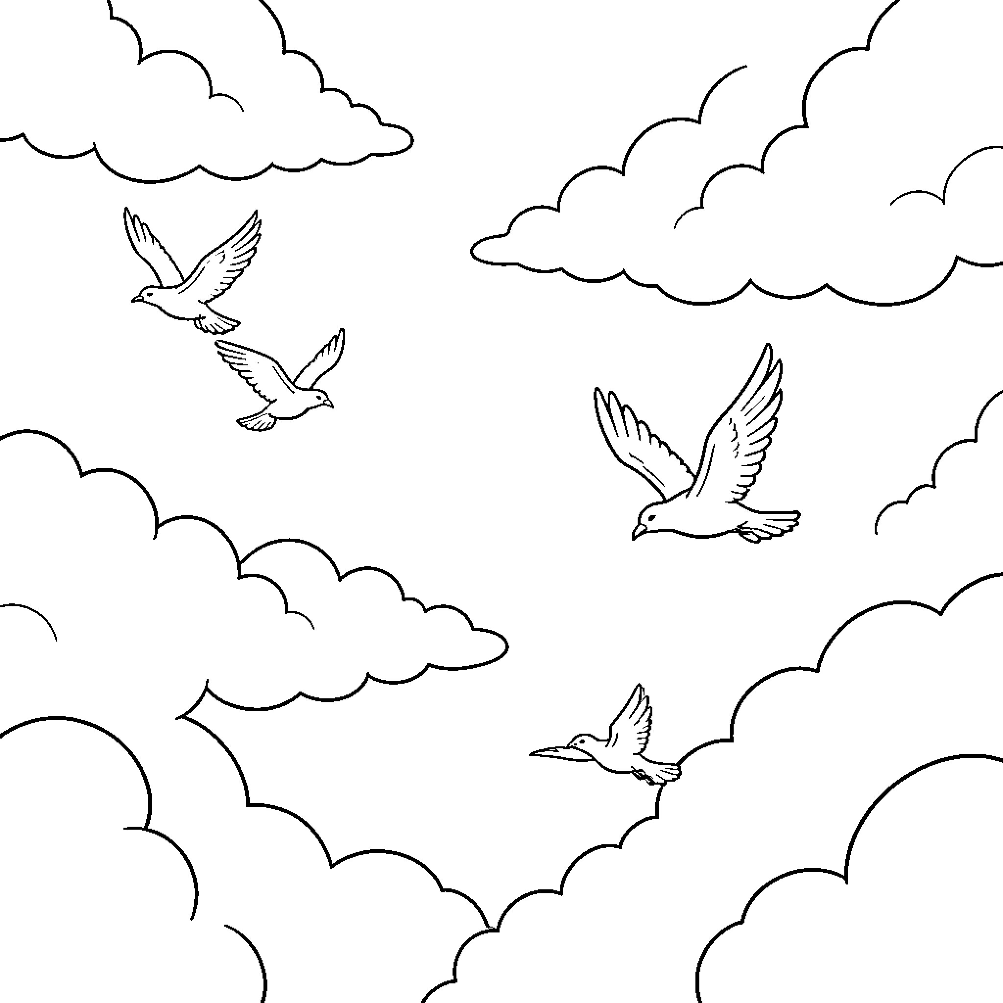 Birds soaring among the clouds Coloring Page (free black-and-white line drawing printable PDF for all, from beginners to advanced learners, including children, teens, adults, and seniors)