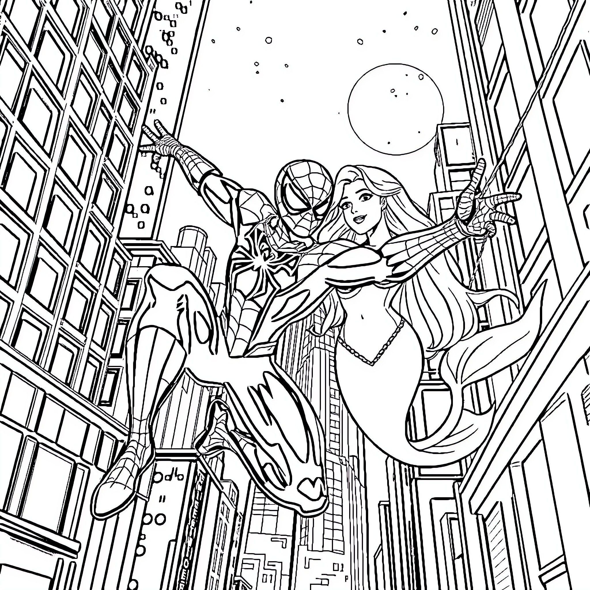 Spiderman and a female hero swinging through the city Coloring Page (free black-and-white line drawing printable PDF for all, from beginners to advanced learners, including children, teens, adults, and seniors)