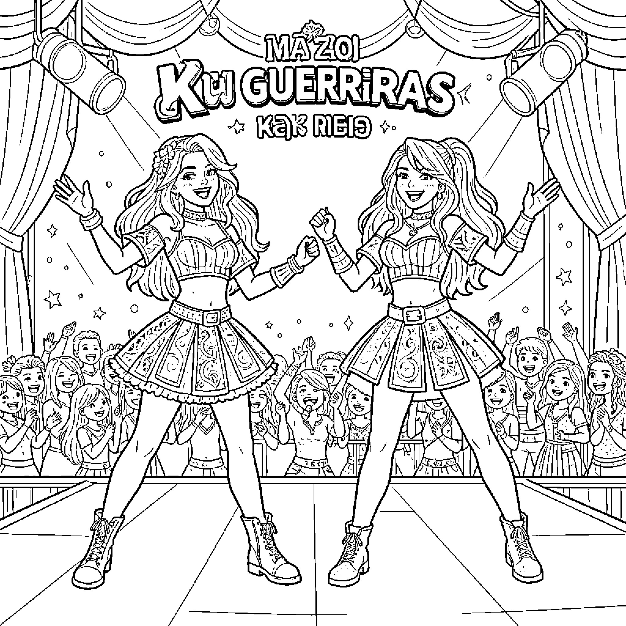 Guerrera: Confident Performers on the Stage Coloring Page (free black-and-white line drawing printable PDF for all, from beginners to advanced learners, including children, teens, adults, and seniors)