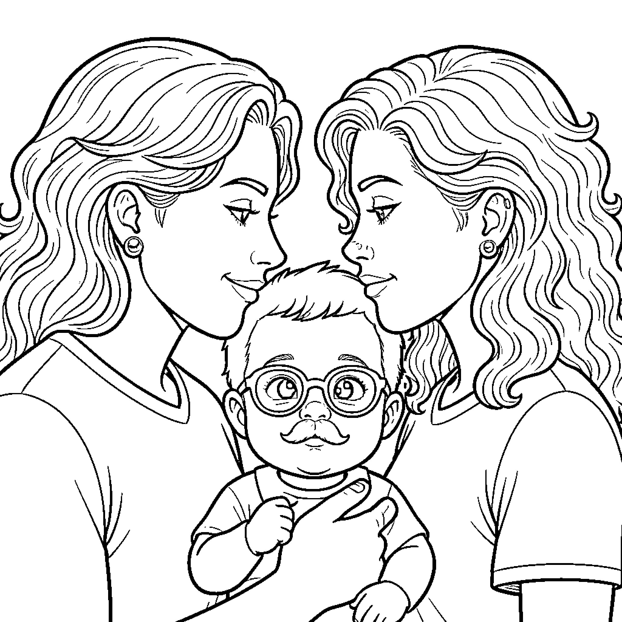 Pareja amorosa con niño Coloring Page (free black-and-white line drawing printable PDF for all, from beginners to advanced learners, including children, teens, adults, and seniors)