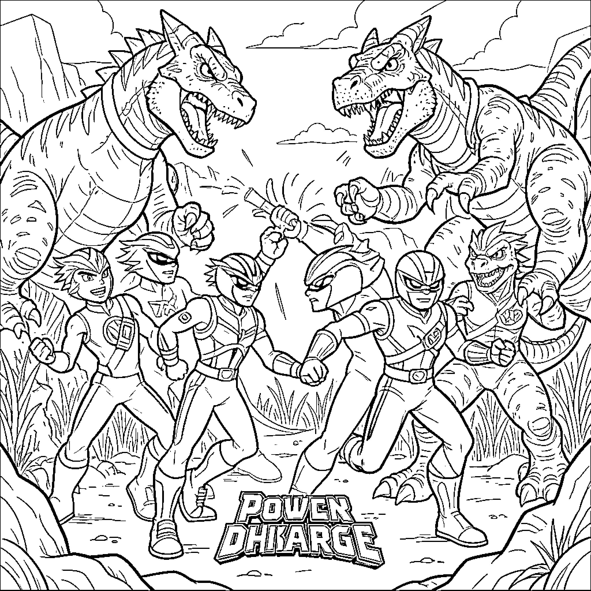 Power Rangers battling fierce dinosaur creatures Coloring Page (free black-and-white line drawing printable PDF for all, from beginners to advanced learners, including children, teens, adults, and seniors)