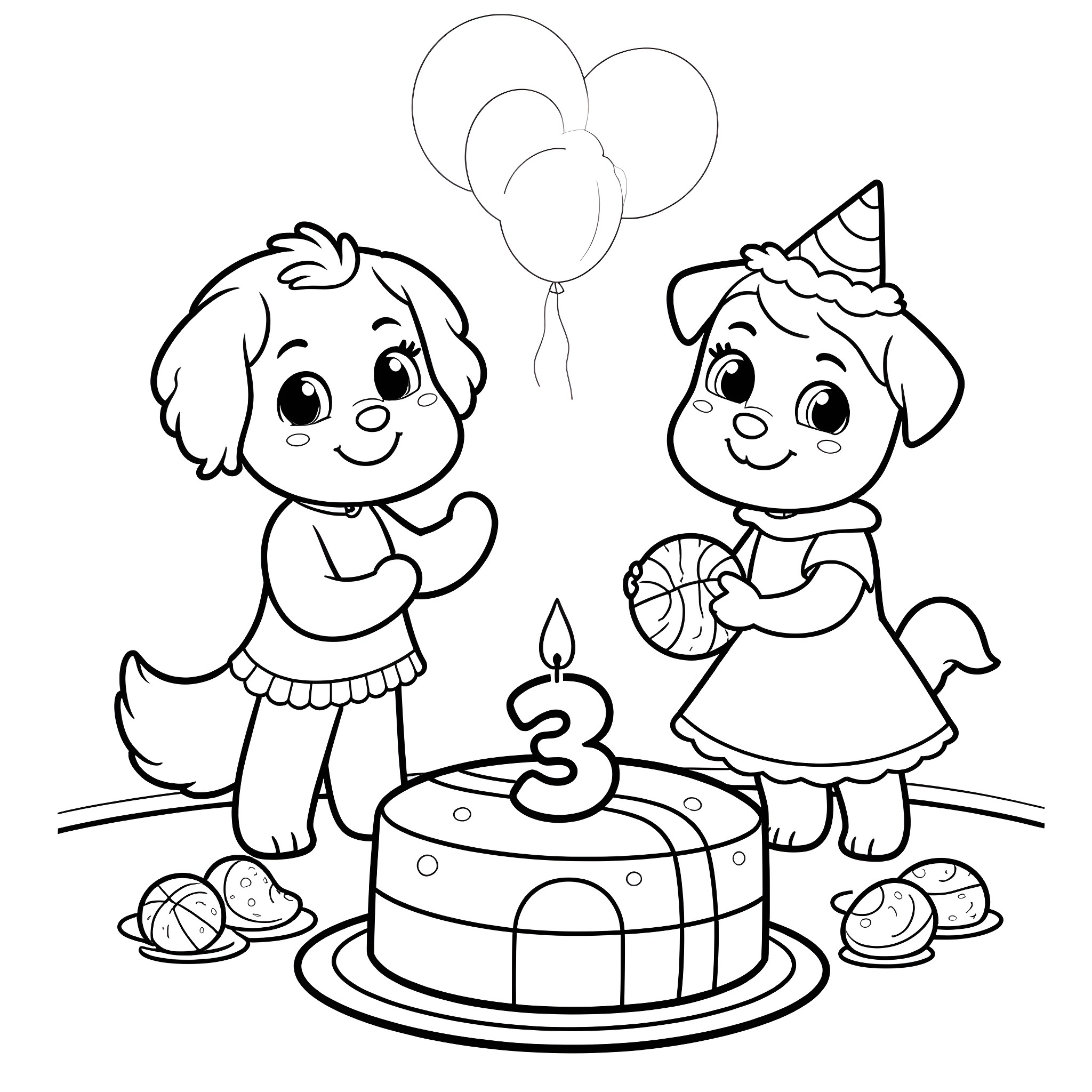 Bluey's 3rd Birthday Celebration Coloring Page (free black-and-white line drawing printable PDF for all, from beginners to advanced learners, including children, teens, adults, and seniors)