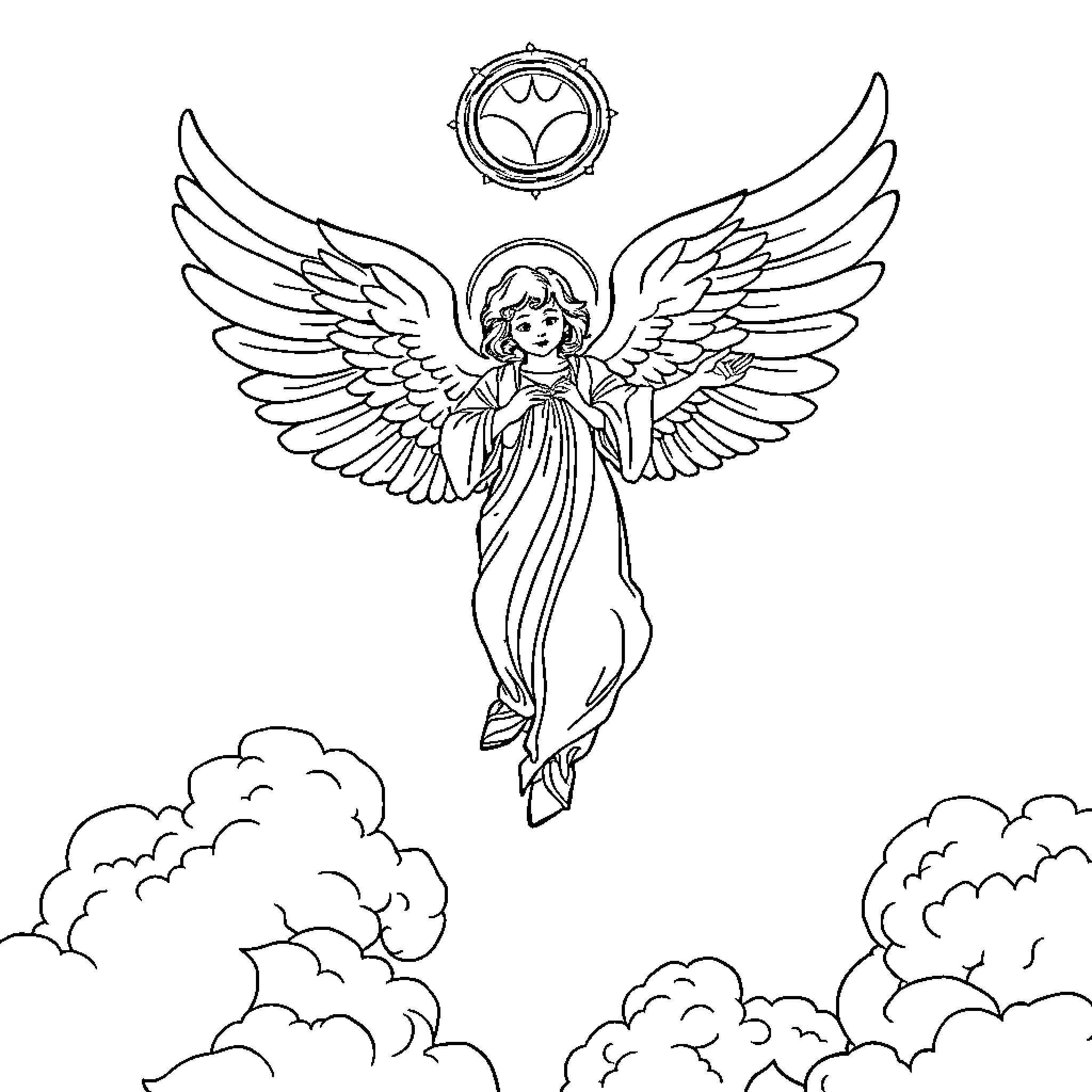 Angel of Hope Ascending Amidst the Clouds Coloring Page (free black-and-white line drawing printable PDF for all, from beginners to advanced learners, including children, teens, adults, and seniors)