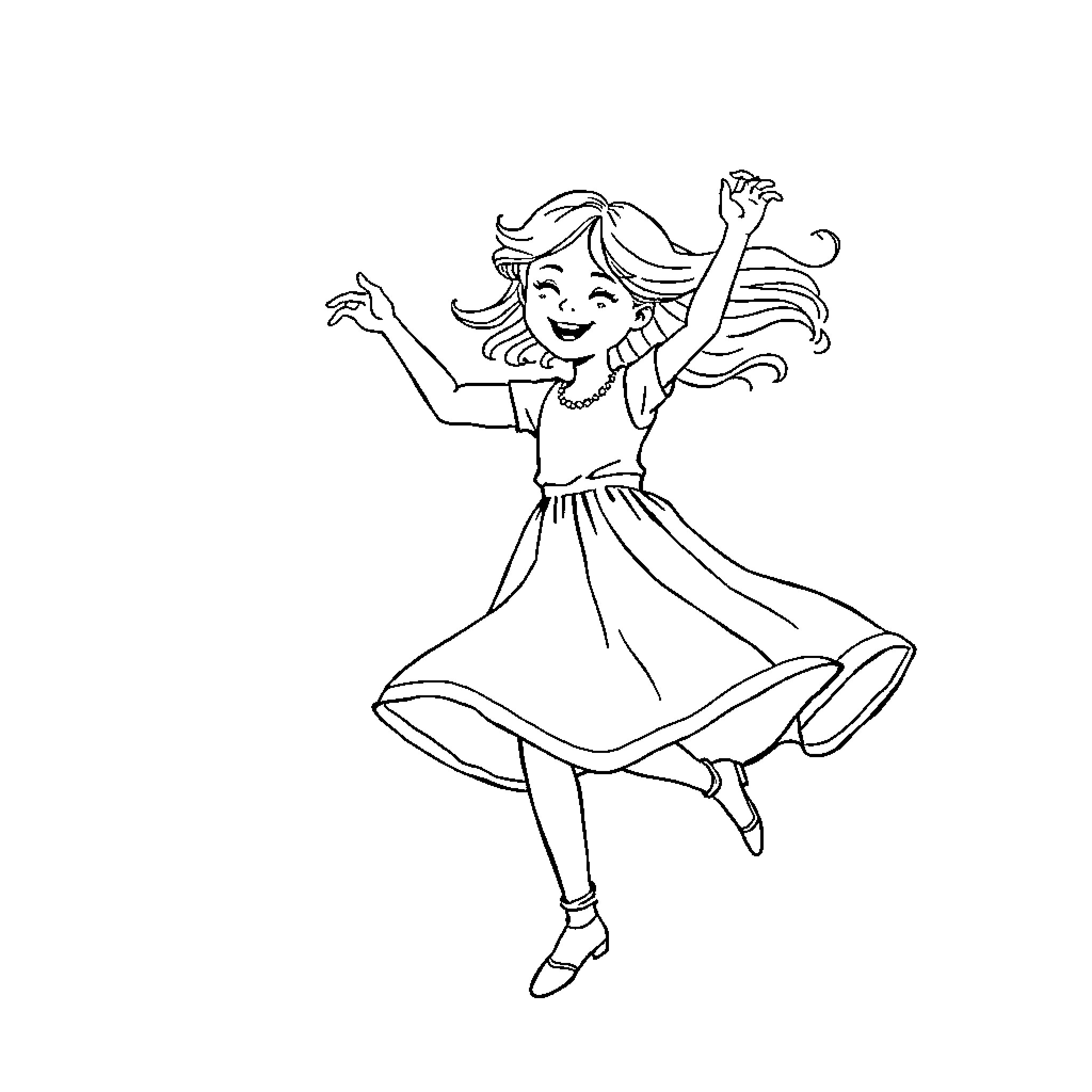 Girl happily dancing in a dress Coloring Page (free black-and-white line drawing printable PDF for all, from beginners to advanced learners, including children, teens, adults, and seniors)
