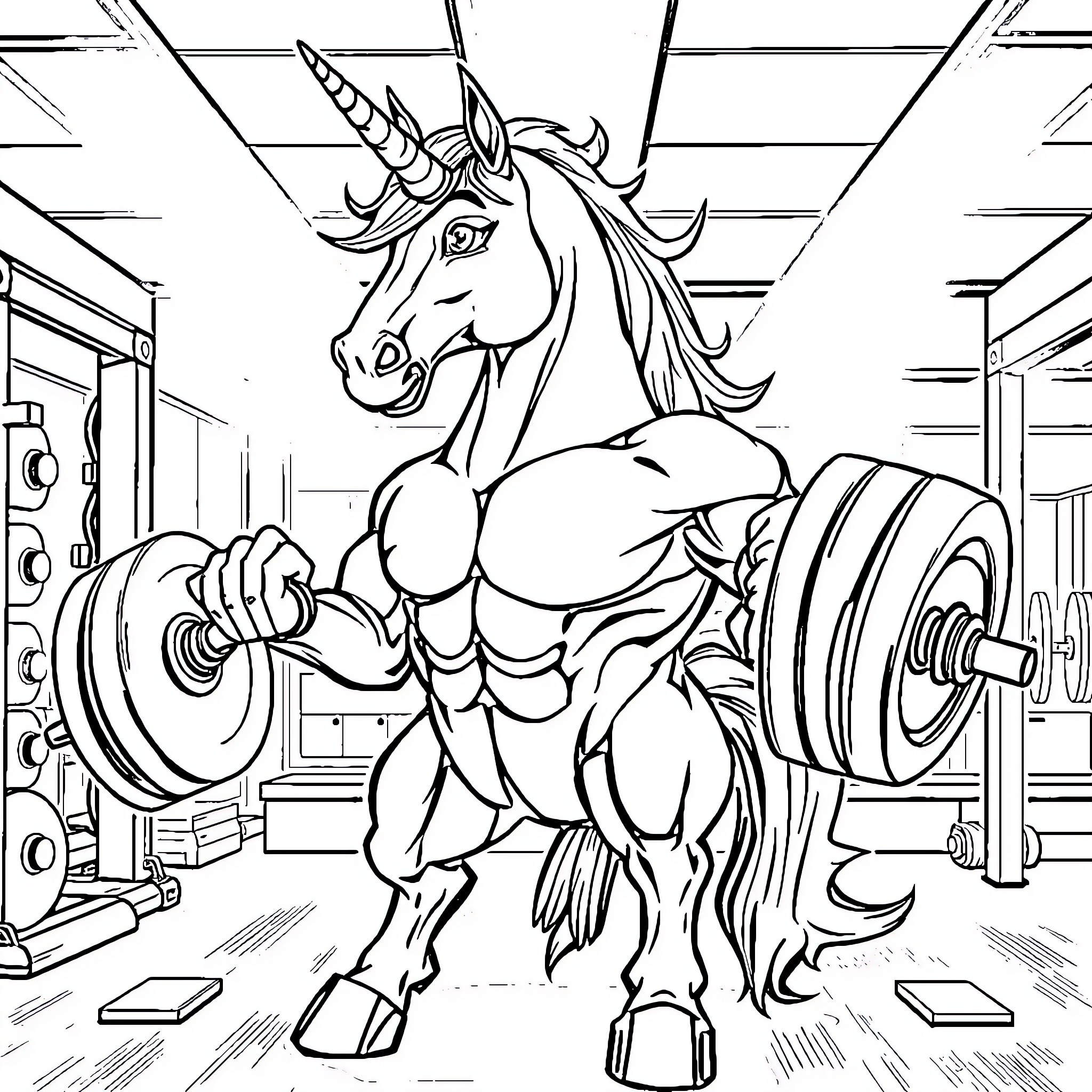 Unicorn bodybuilder lifting weights in gym Coloring Page (free black-and-white line drawing printable PDF for all, from beginners to advanced learners, including children, teens, adults, and seniors)
