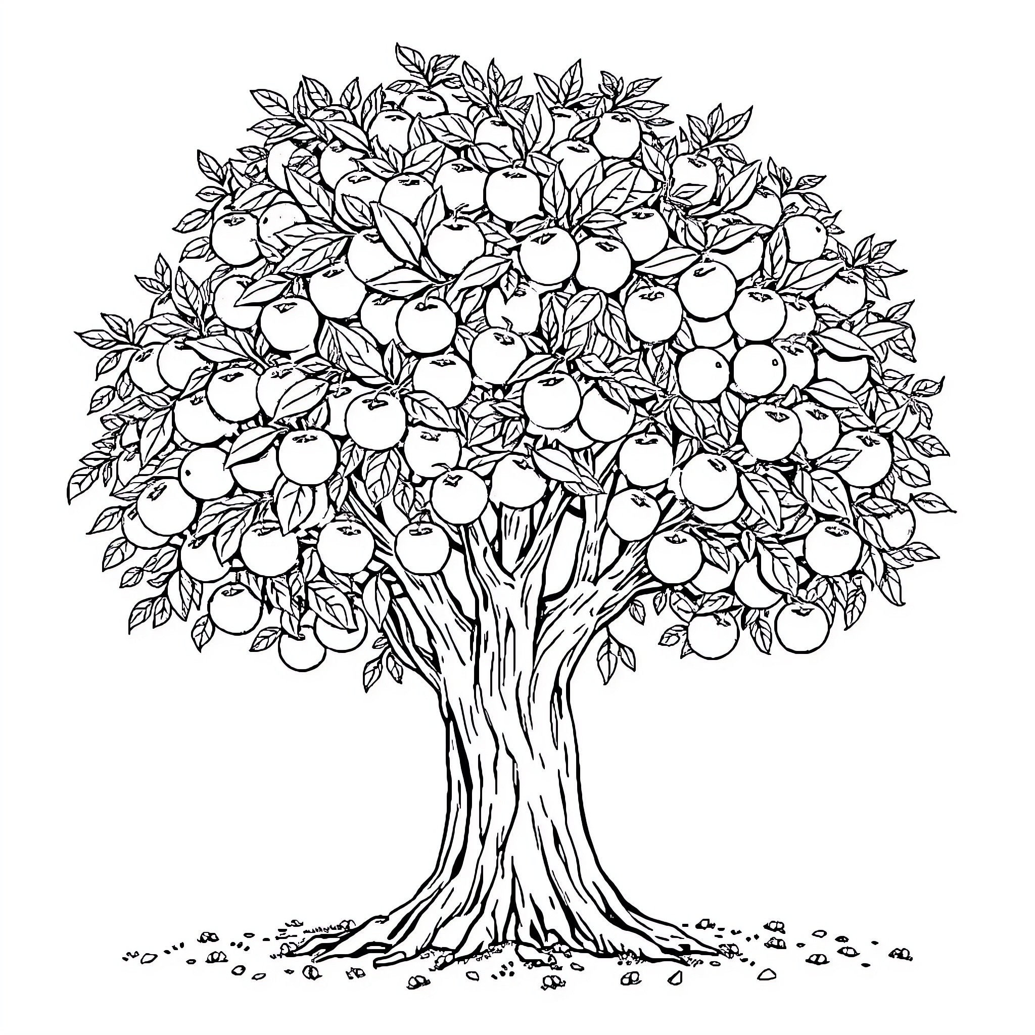 Tree filled with abundant fruit and foliage Coloring Page (free black-and-white line drawing printable PDF for all, from beginners to advanced learners, including children, teens, adults, and seniors)