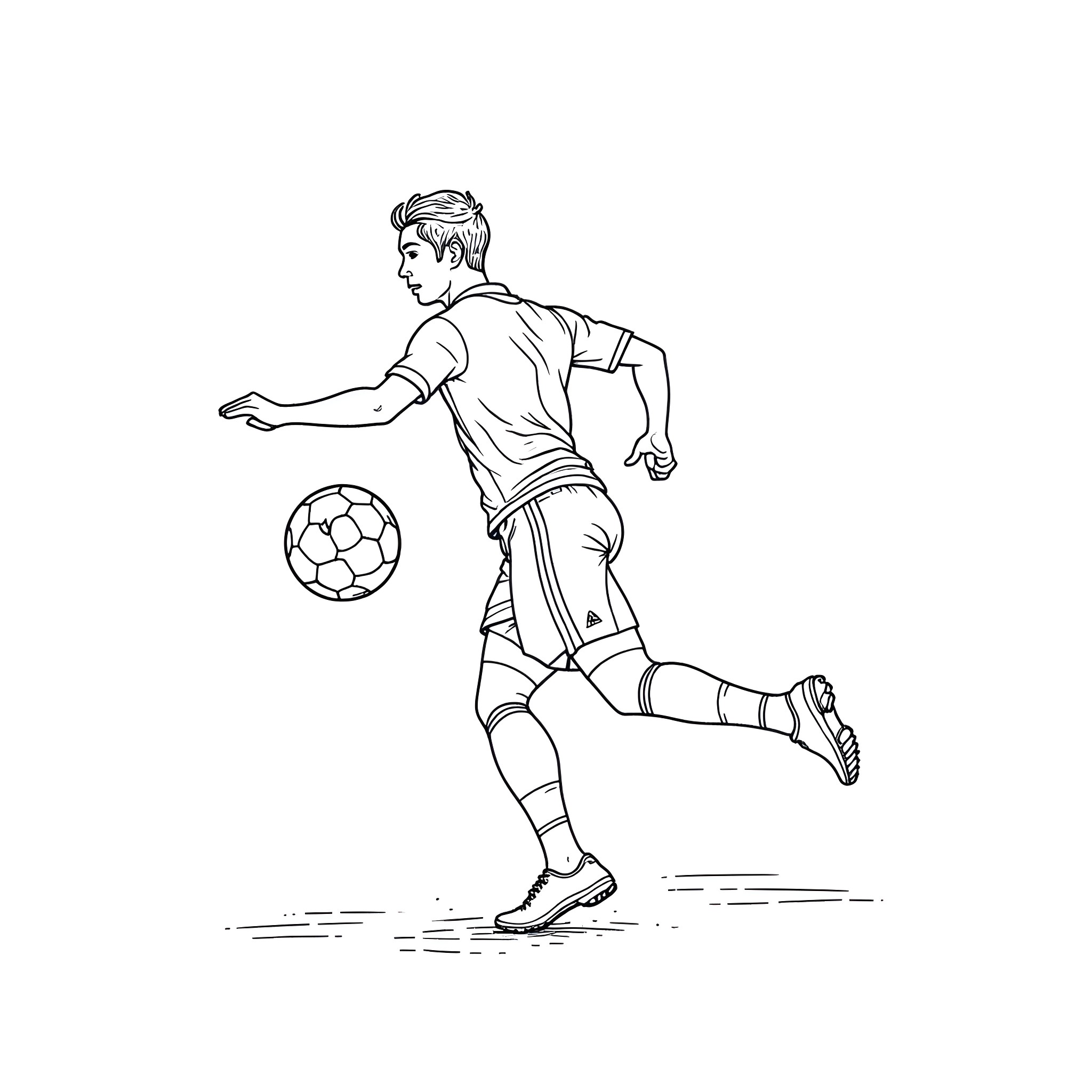 Ronaldo playing soccer with focus and determination Coloring Page (free black-and-white line drawing printable PDF for all, from beginners to advanced learners, including children, teens, adults, and seniors)