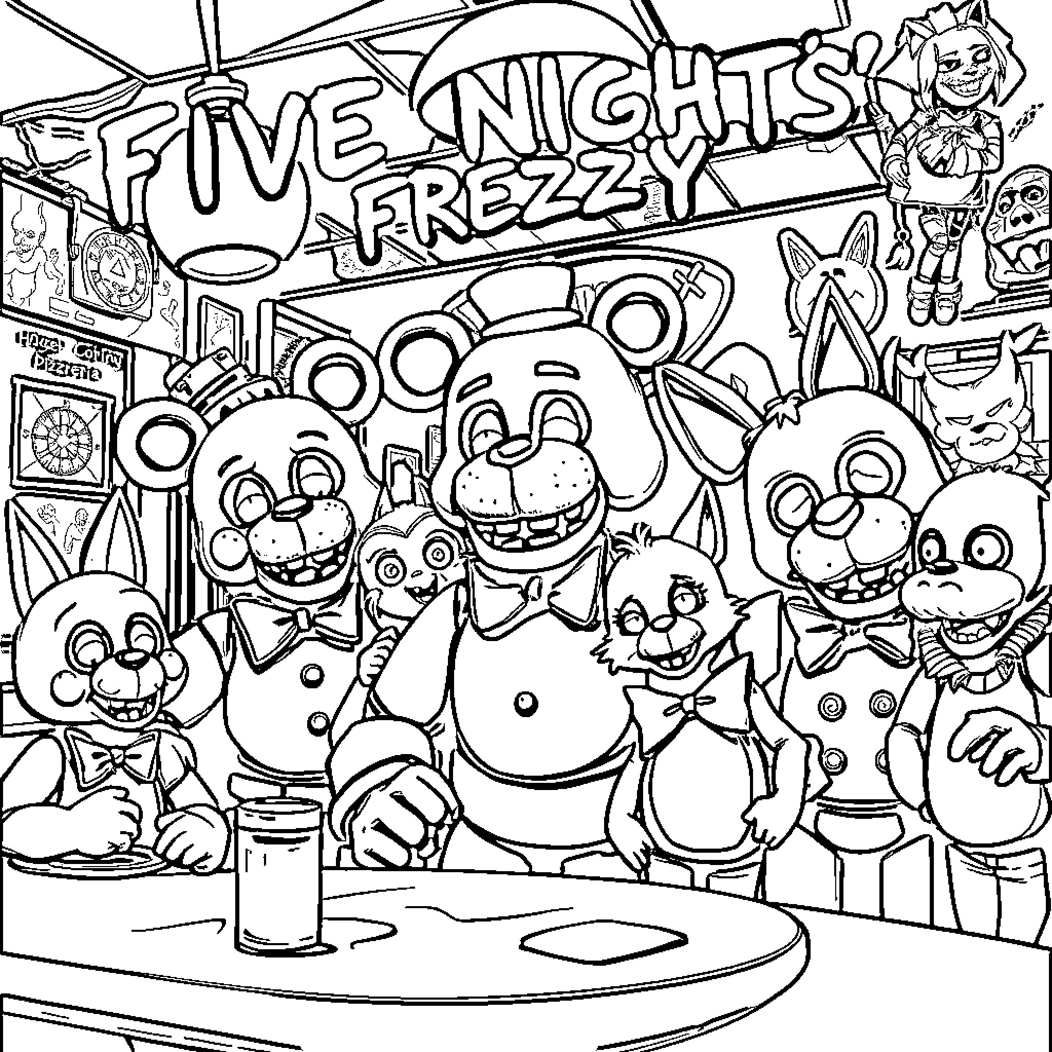 Five Nights At Freddy's Characters In Lively Gathering Coloring Page (free black-and-white line drawing printable PDF for all, from beginners to advanced learners, including children, teens, adults, and seniors)
