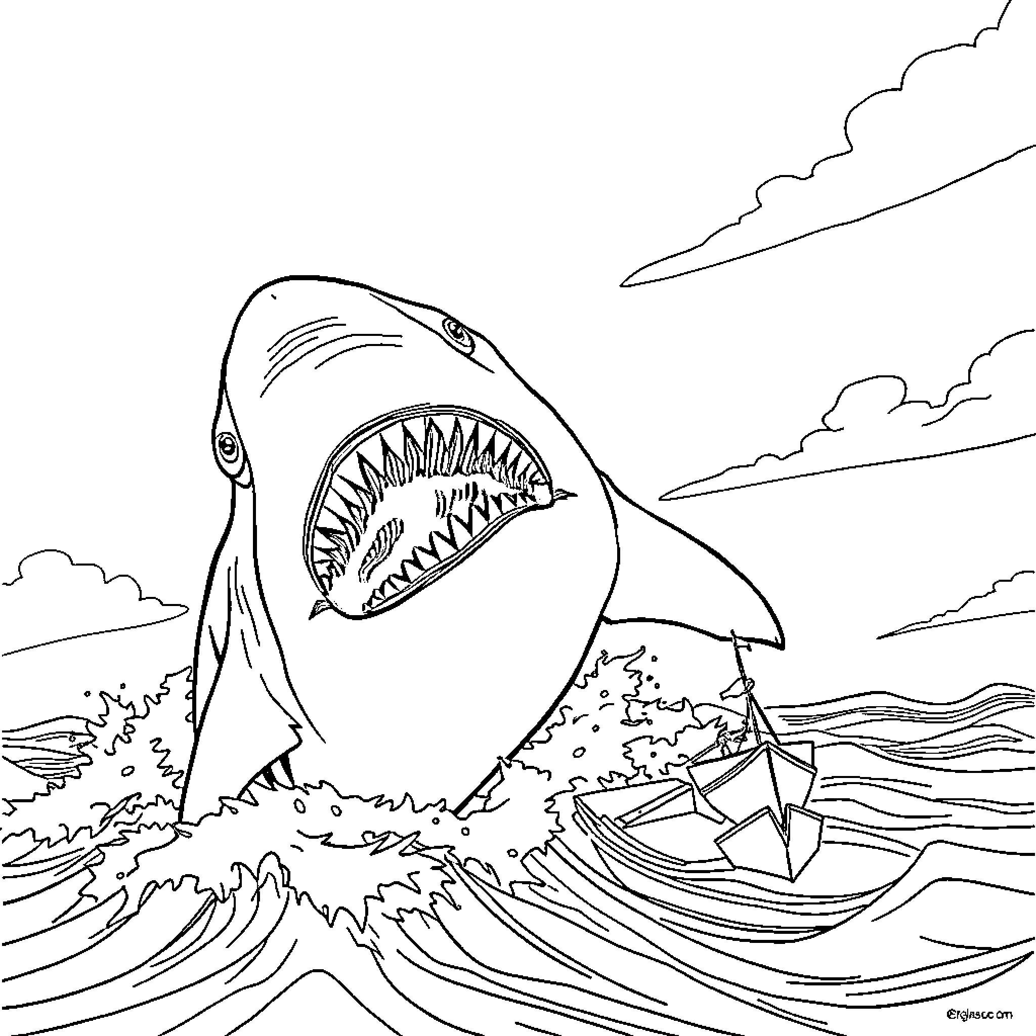 Megalodon shark attacking a ship in the sea Coloring Page (free black-and-white line drawing printable PDF for all, from beginners to advanced learners, including children, teens, adults, and seniors)