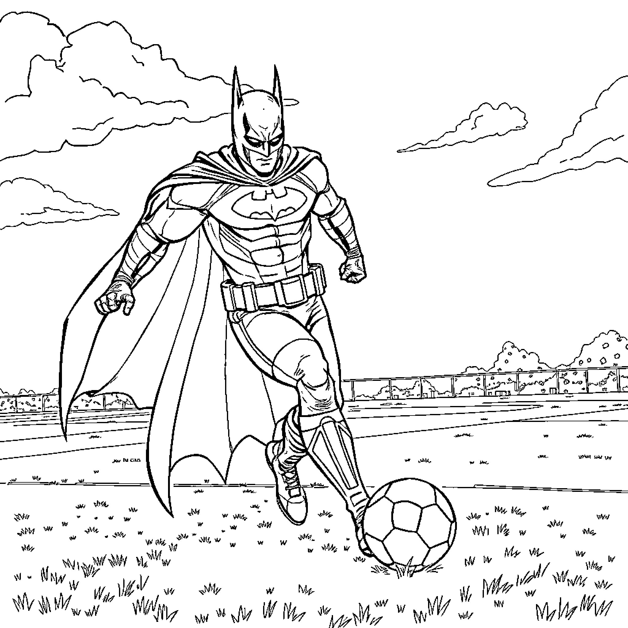 Batman playing soccer in the park Coloring Page (free black-and-white line drawing printable PDF for all, from beginners to advanced learners, including children, teens, adults, and seniors)