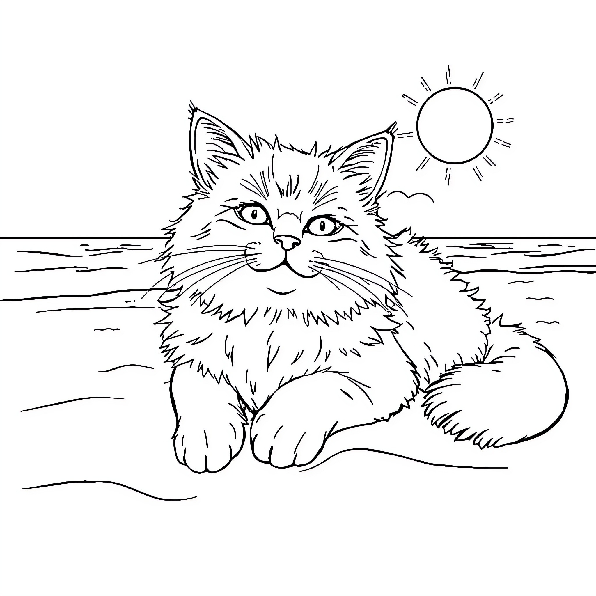 Cat relaxing by the seaside Coloring Page (free black-and-white line drawing printable PDF for all, from beginners to advanced learners, including children, teens, adults, and seniors)