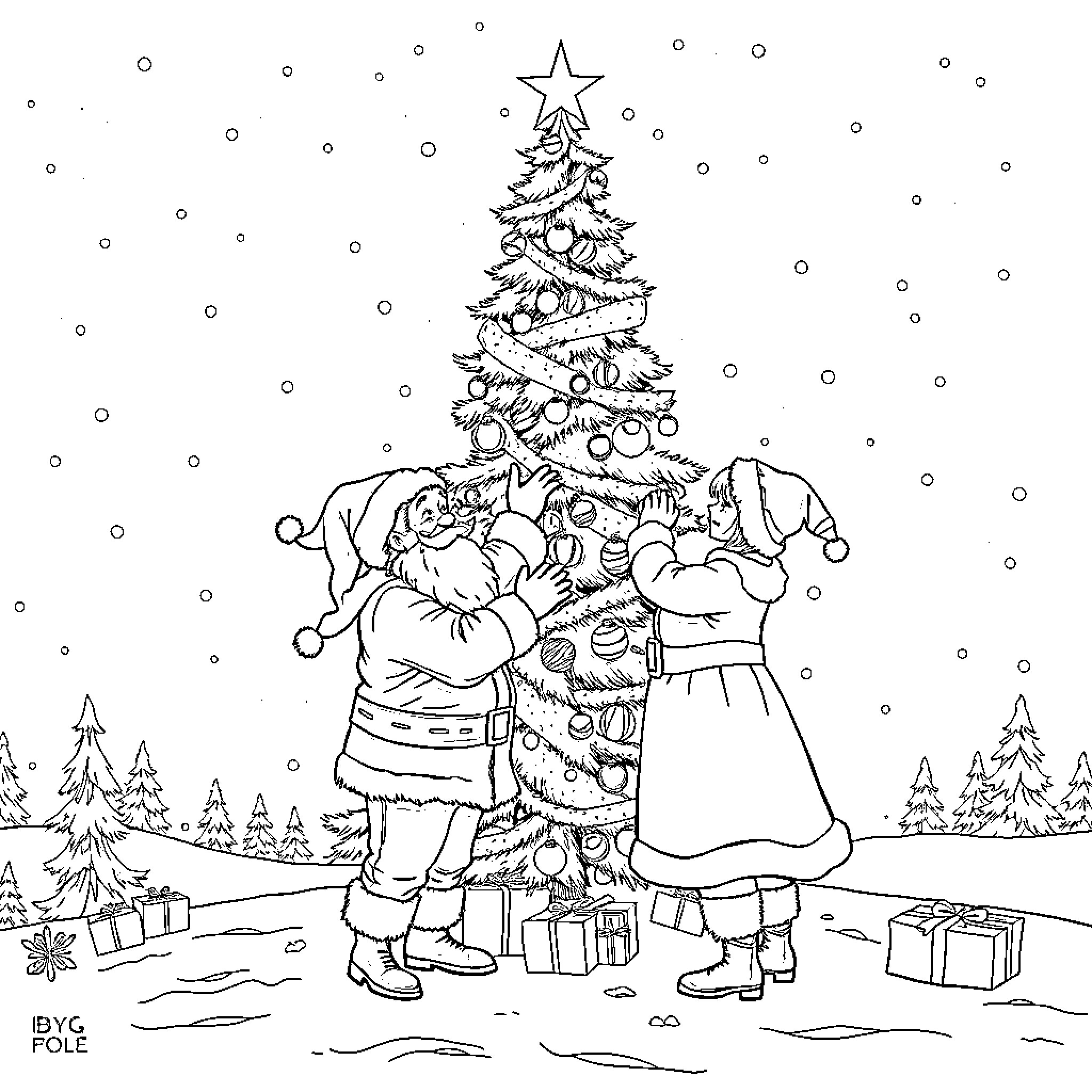 Santa and friends decorating the Christmas tree Coloring Page (free black-and-white line drawing printable PDF for all, from beginners to advanced learners, including children, teens, adults, and seniors)