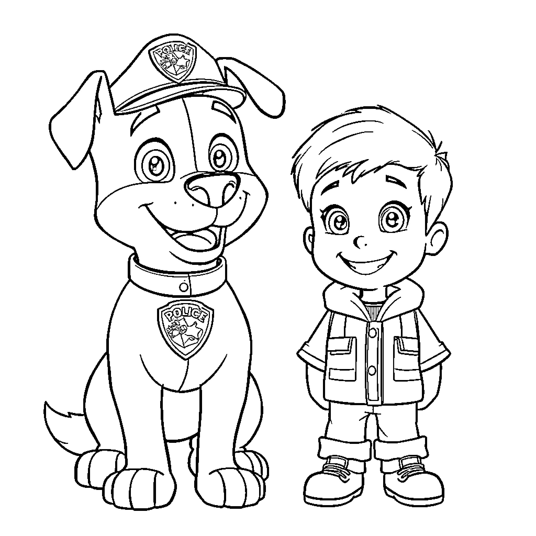Dogman and child in police uniform Coloring Page (free black-and-white line drawing printable PDF for all, from beginners to advanced learners, including children, teens, adults, and seniors)