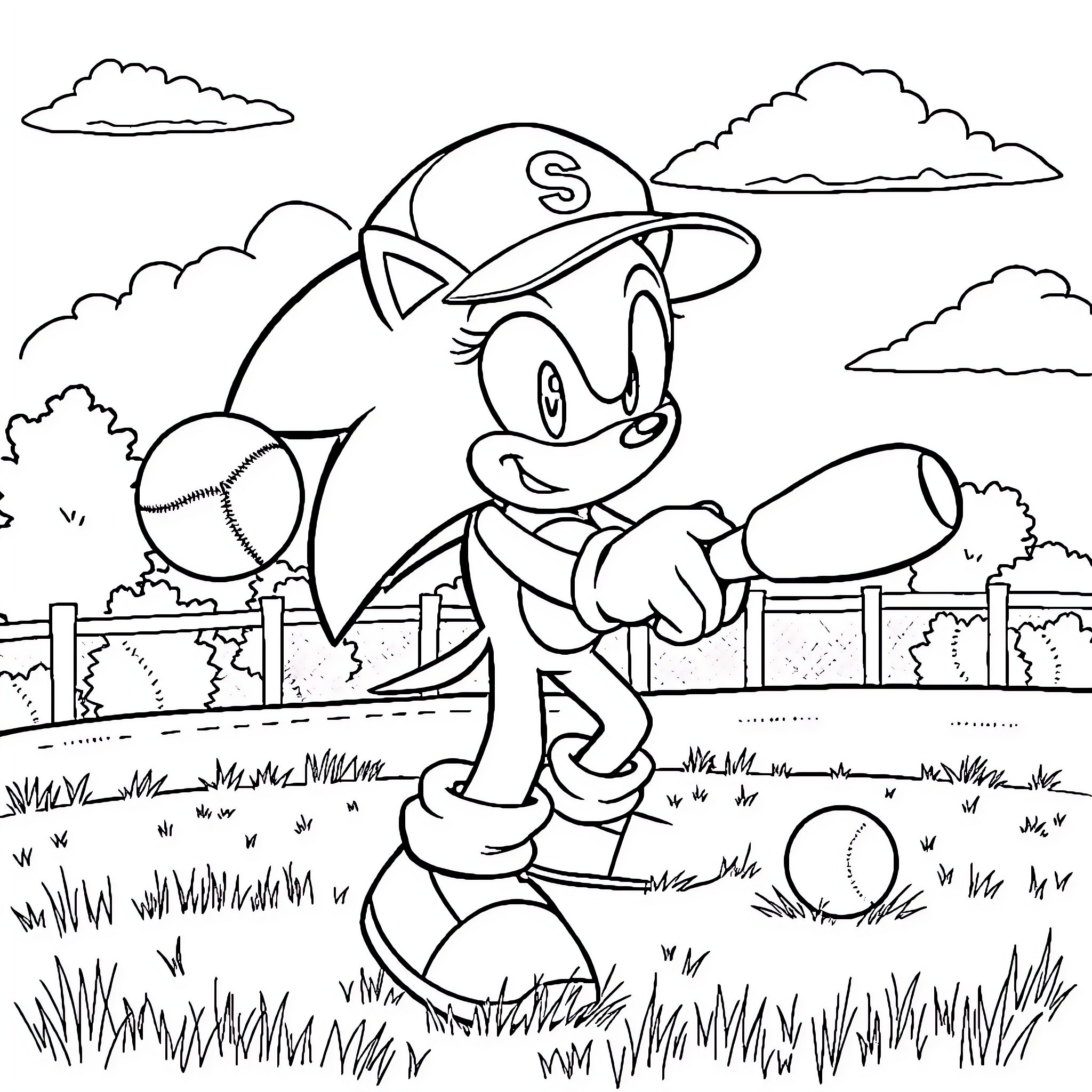 Sonic playing baseball in the park Coloring Page (free black-and-white line drawing printable PDF for all, from beginners to advanced learners, including children, teens, adults, and seniors)
