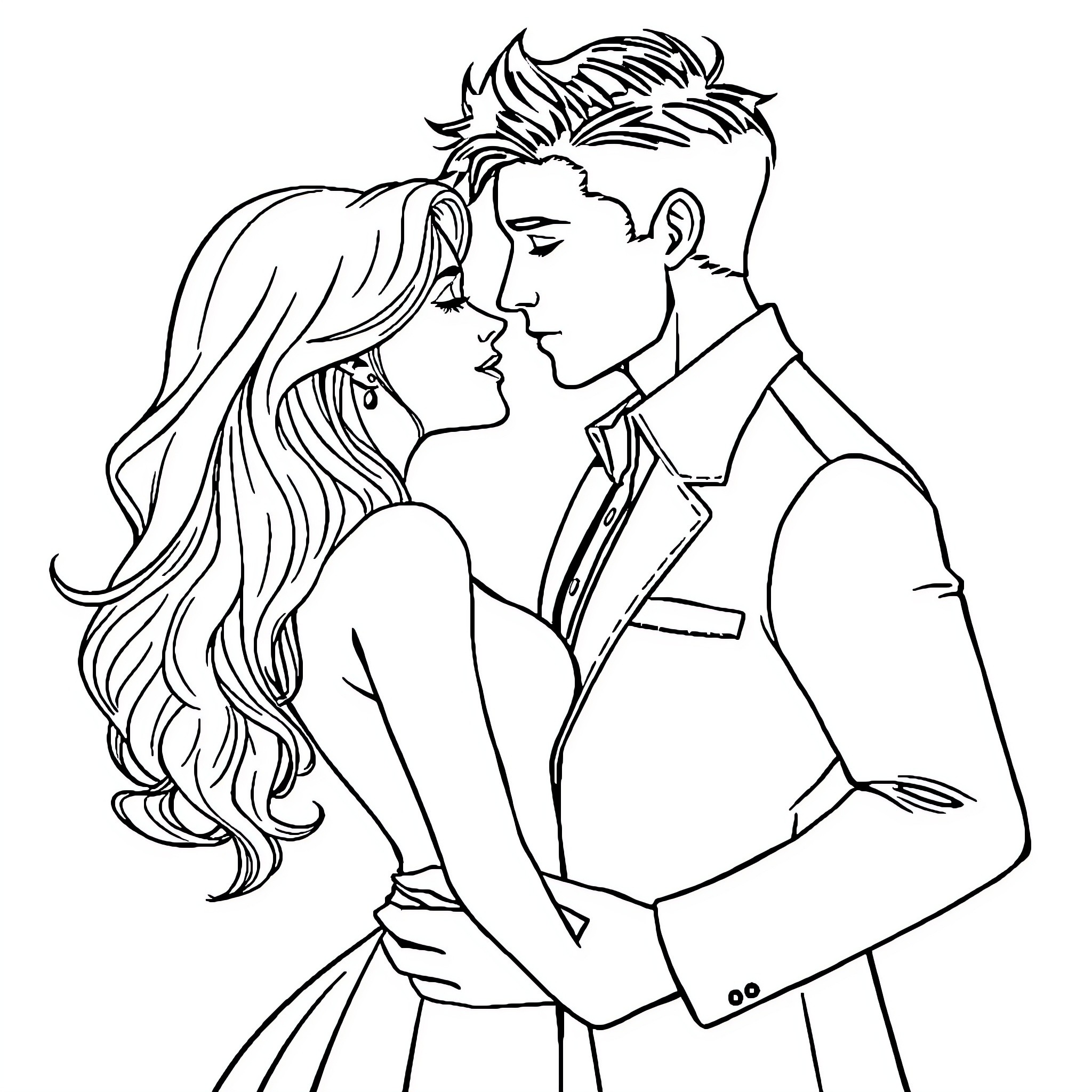 Couple in romantic embrace Coloring Page (free black-and-white line drawing printable PDF for all, from beginners to advanced learners, including children, teens, adults, and seniors)