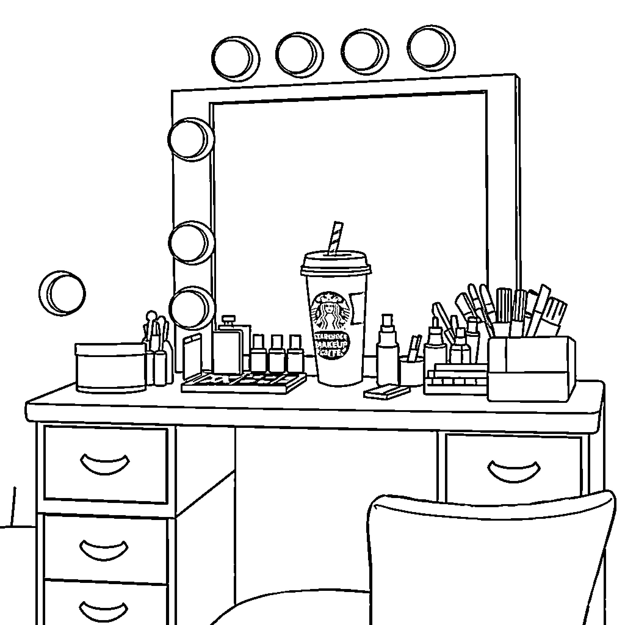 Vanity in the Makeup Studio Coloring Page (free black-and-white line drawing printable PDF for all, from beginners to advanced learners, including children, teens, adults, and seniors)