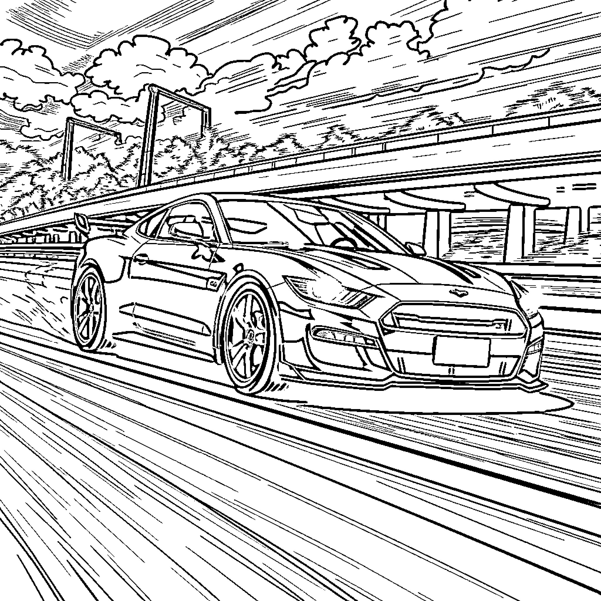 Car speeding through cityscape in black and white Coloring Page (free black-and-white line drawing printable PDF for all, from beginners to advanced learners, including children, teens, adults, and seniors)