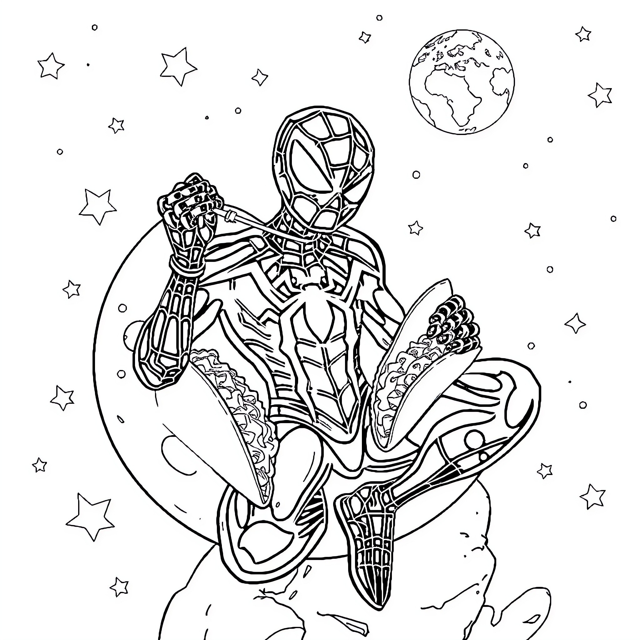 Spider-Man swinging through the cosmic space Coloring Page (free black-and-white line drawing printable PDF for all, from beginners to advanced learners, including children, teens, adults, and seniors)