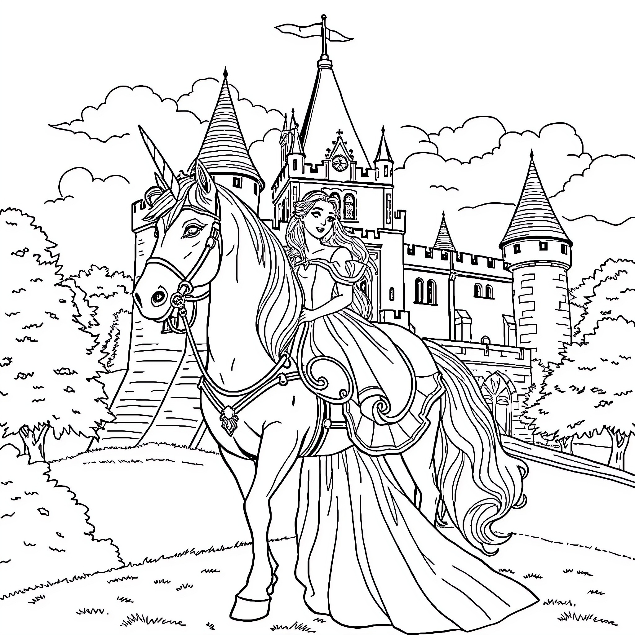 Princess on a majestic journey to her enchanted castle Coloring Page (free black-and-white line drawing printable PDF for all, from beginners to advanced learners, including children, teens, adults, and seniors)