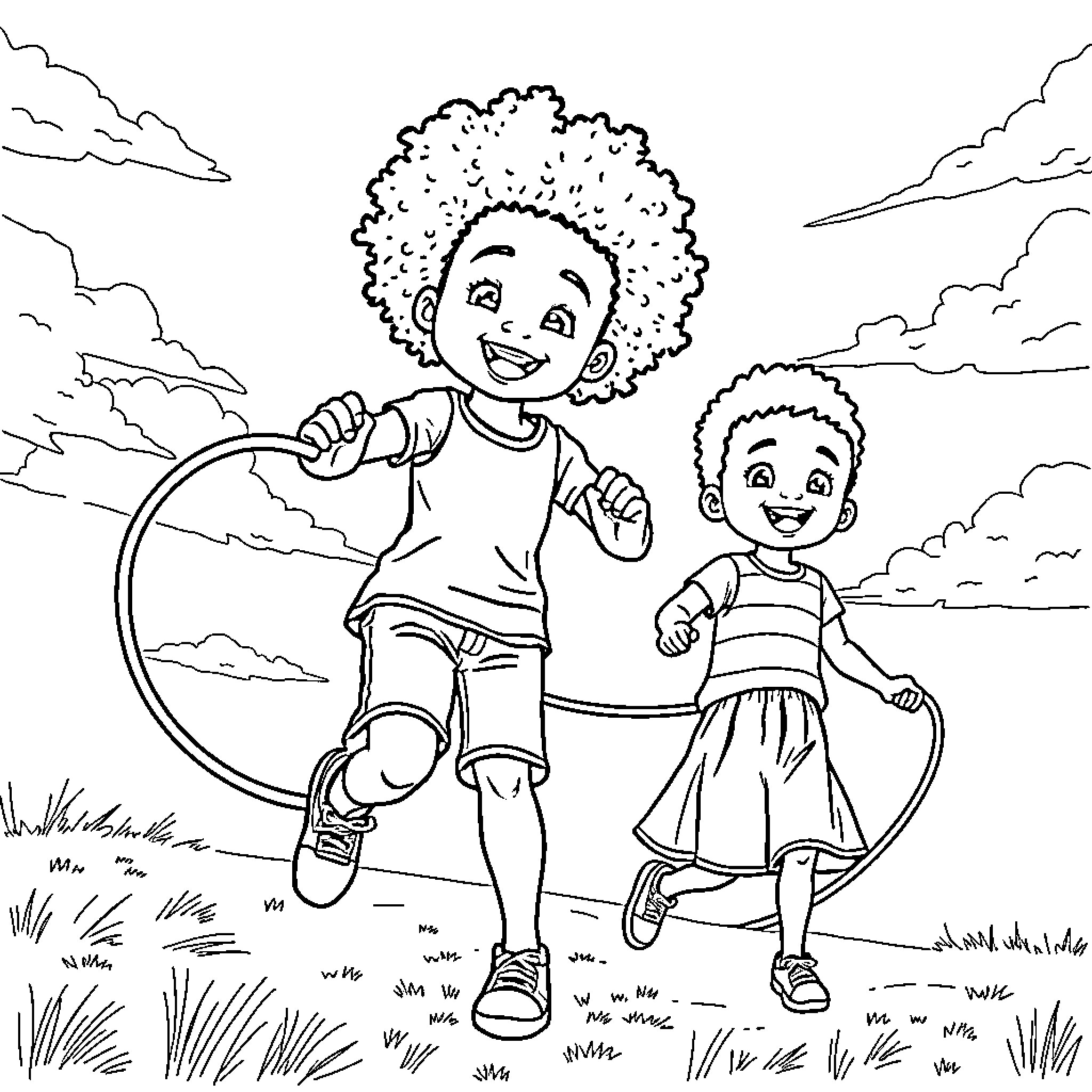 Children playing joyfully with hula hoops outdoors Coloring Page (free black-and-white line drawing printable PDF for all, from beginners to advanced learners, including children, teens, adults, and seniors)