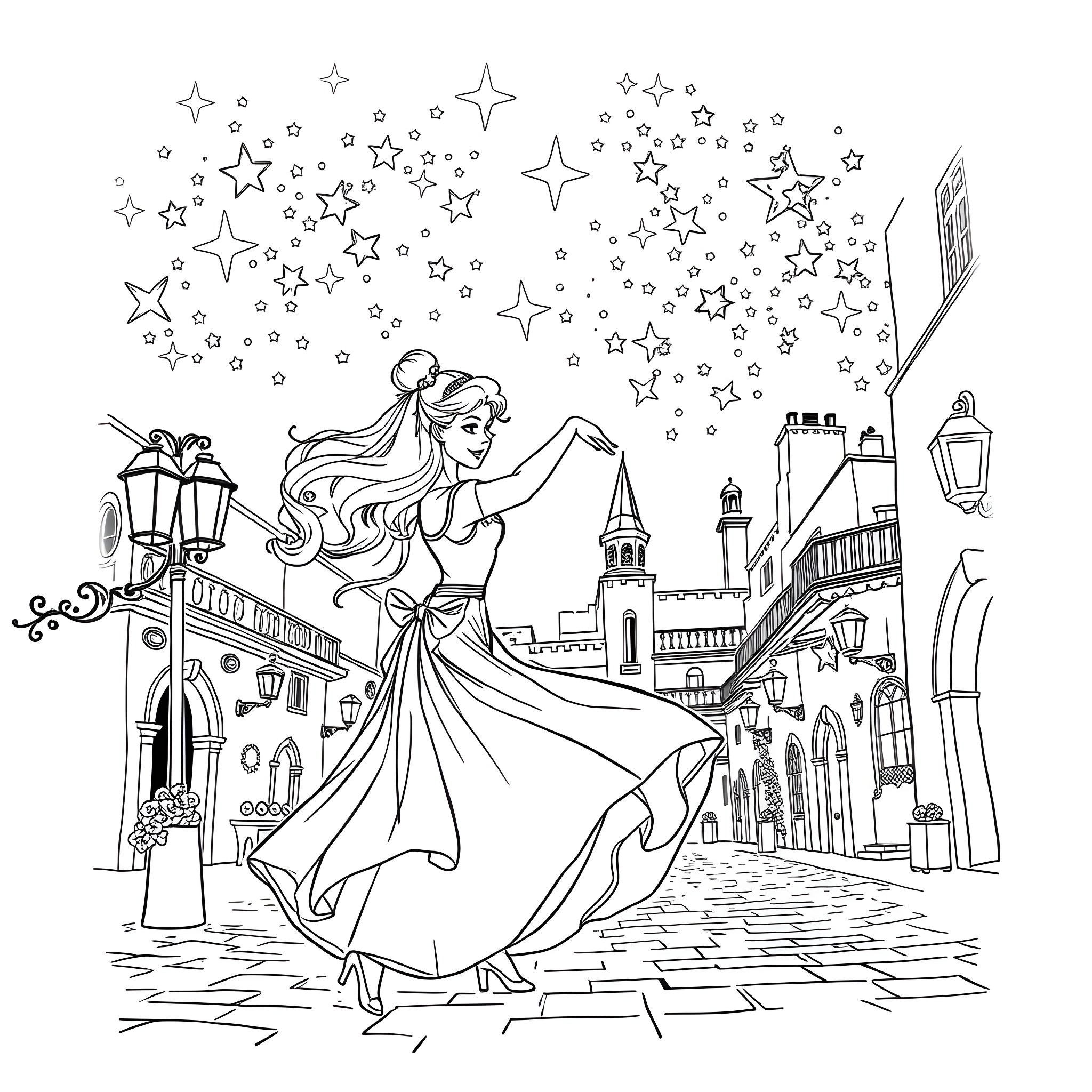 Esmeralda's Enchanting Stroll Through the Starry Night Coloring Page (free black-and-white line drawing printable PDF for all, from beginners to advanced learners, including children, teens, adults, and seniors)