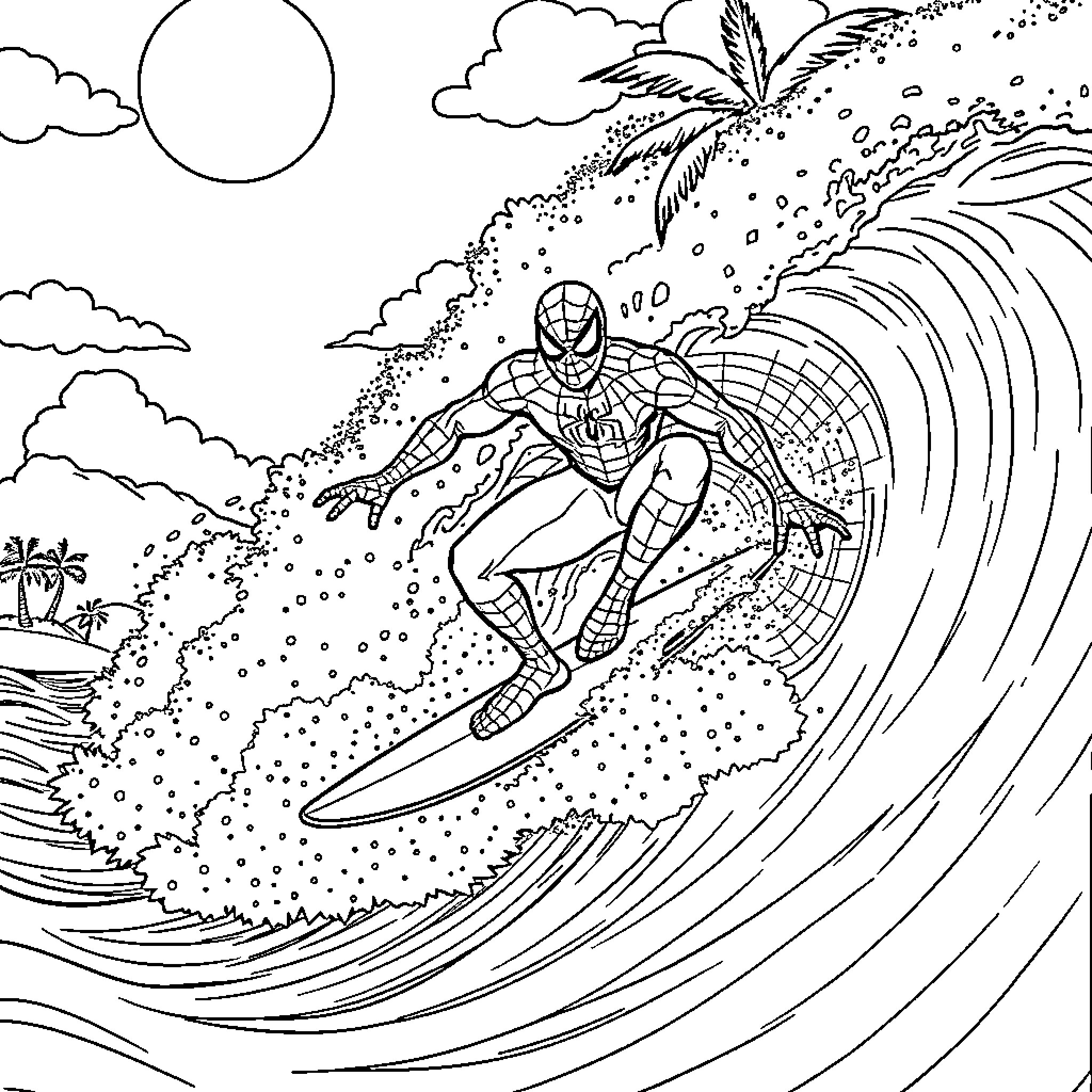 Spider-Man Surfing Tropical Wave Coloring Page (free black-and-white line drawing printable PDF for all, from beginners to advanced learners, including children, teens, adults, and seniors)
