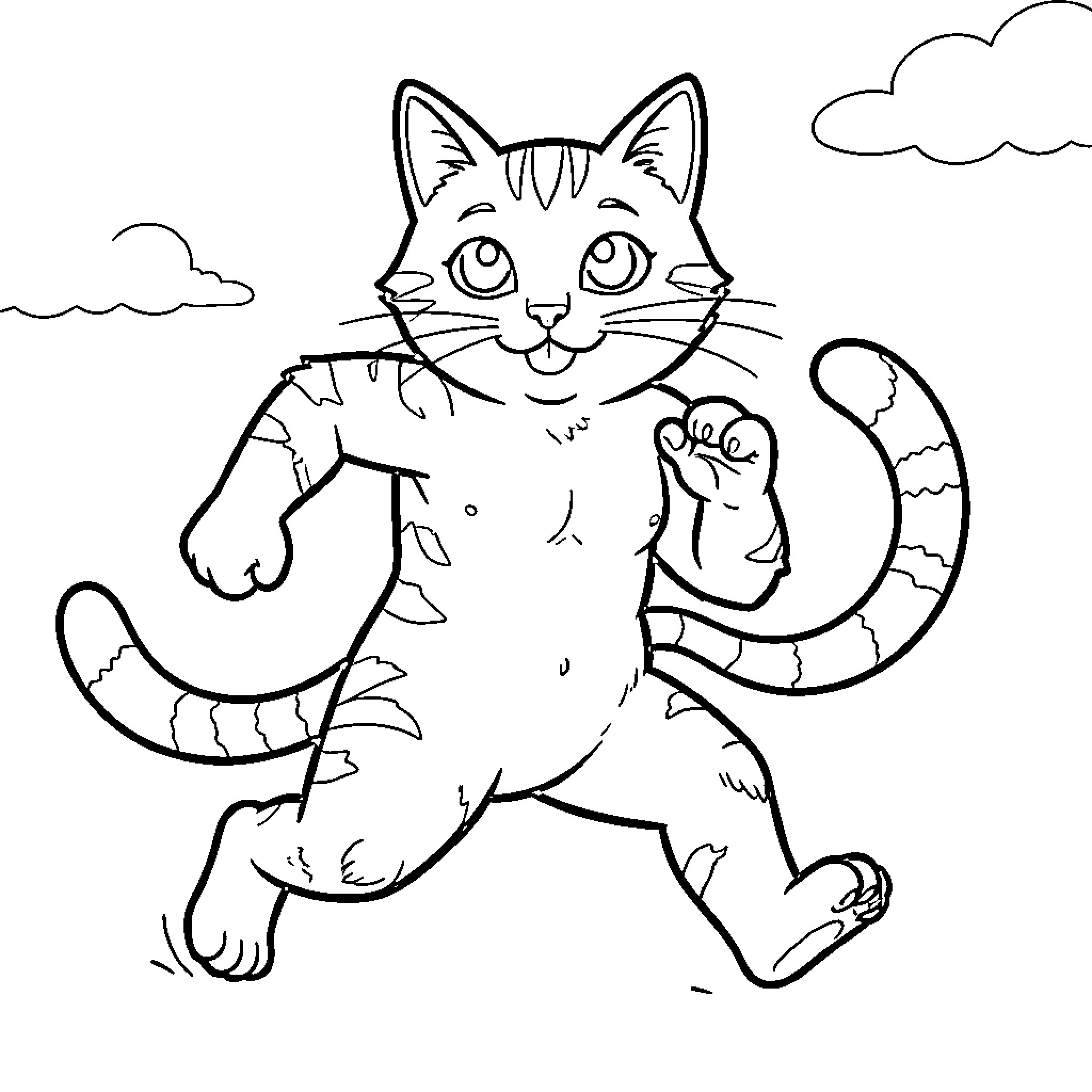 Giant Cat running energetically under the clouds Coloring Page (free black-and-white line drawing printable PDF for all, from beginners to advanced learners, including children, teens, adults, and seniors)