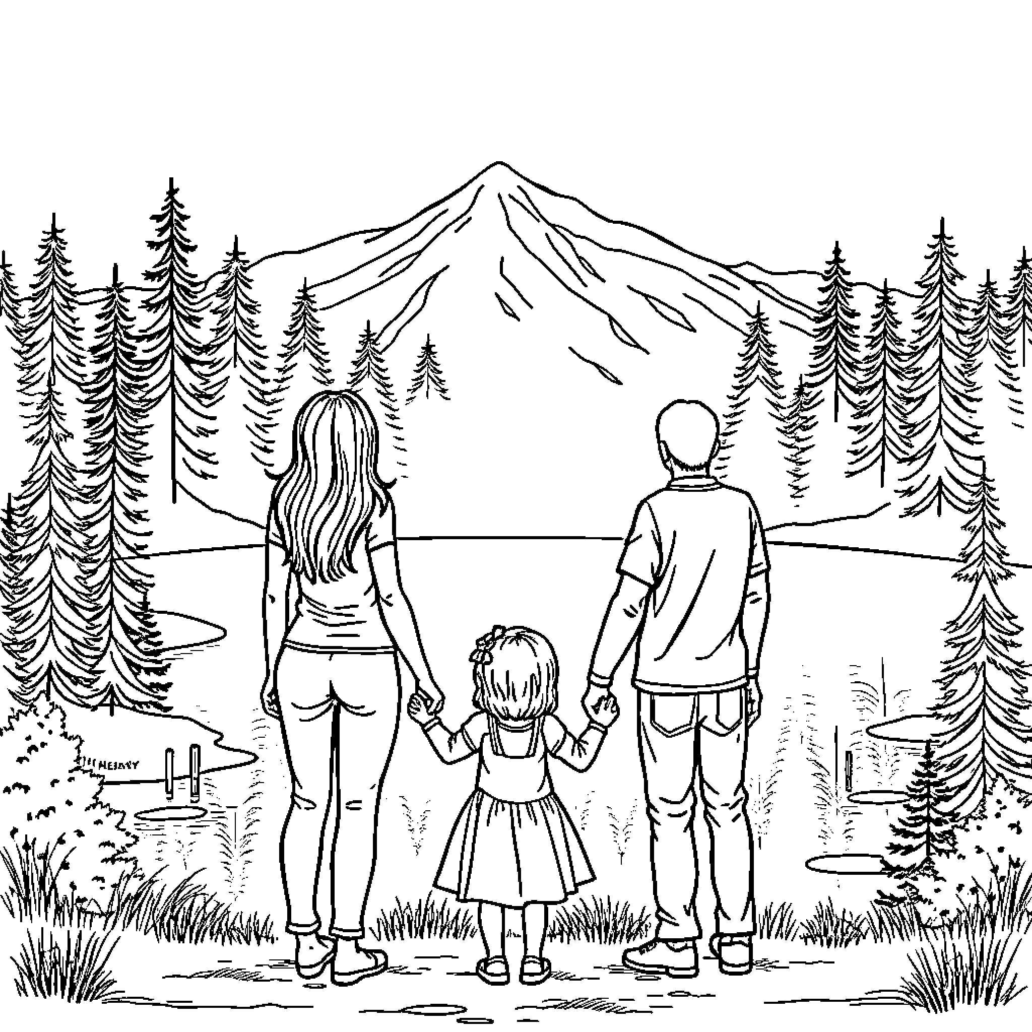 Family enjoying scenic mountain landscape Coloring Page (free black-and-white line drawing printable PDF for all, from beginners to advanced learners, including children, teens, adults, and seniors)