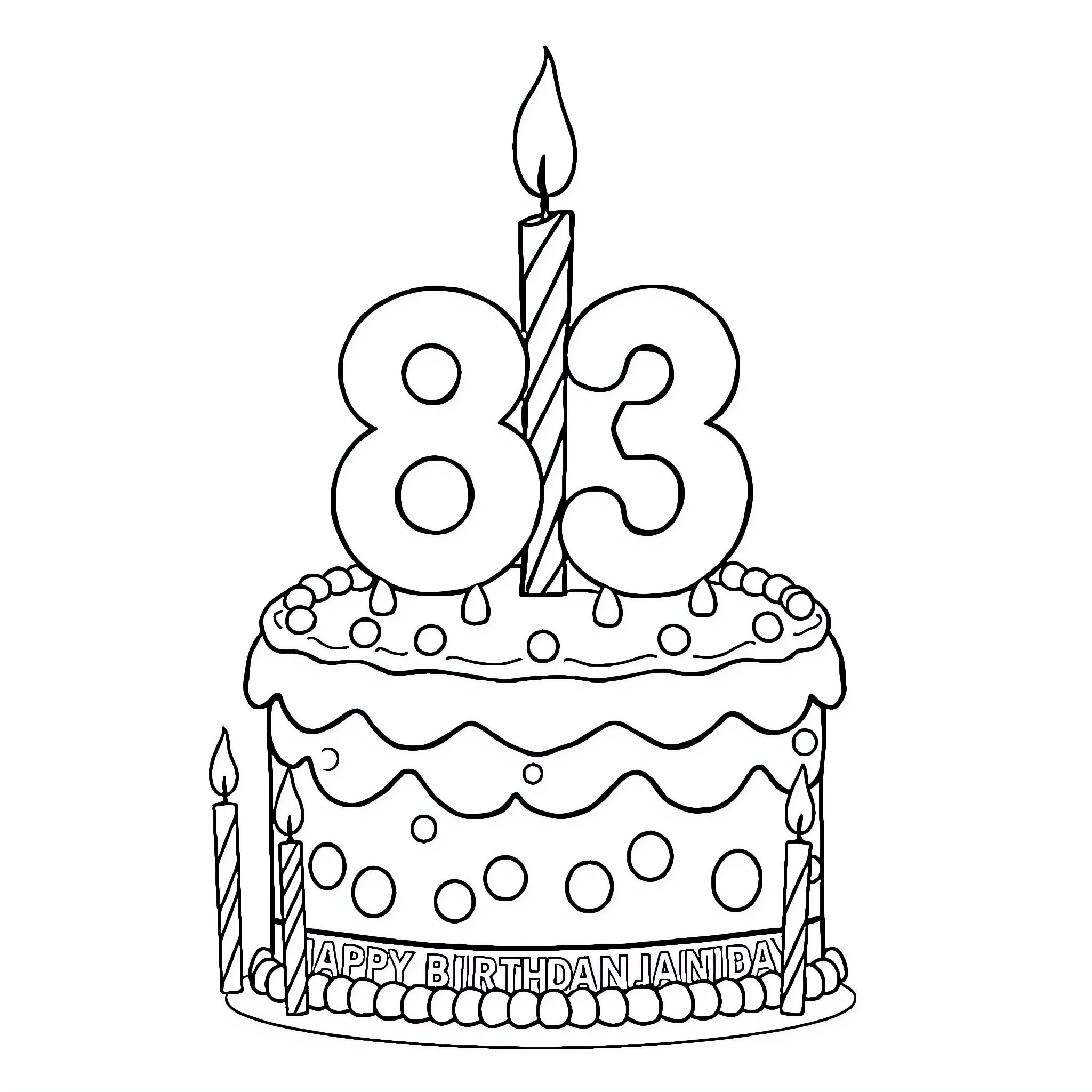Birthday Cake with Lit Candle Celebrating 83rd Birthday Coloring Page (free black-and-white line drawing printable PDF for all, from beginners to advanced learners, including children, teens, adults, and seniors)