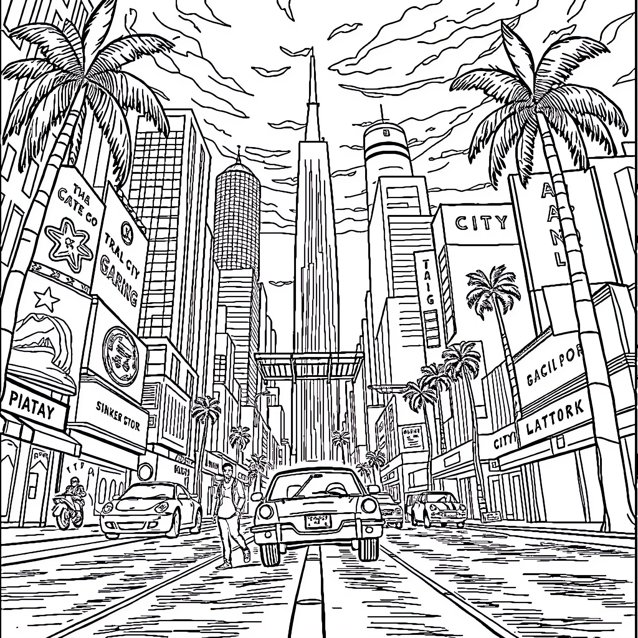GTA Cityscape with Skyscrapers, Palms, and Traffic Coloring Page (free black-and-white line drawing printable PDF for all, from beginners to advanced learners, including children, teens, adults, and seniors)