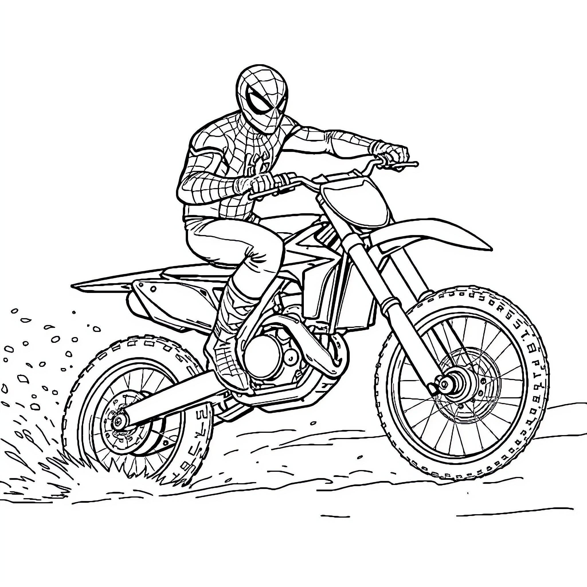 Spiderman riding a dirt bike on the trail Coloring Page (free black-and-white line drawing printable PDF for all, from beginners to advanced learners, including children, teens, adults, and seniors)